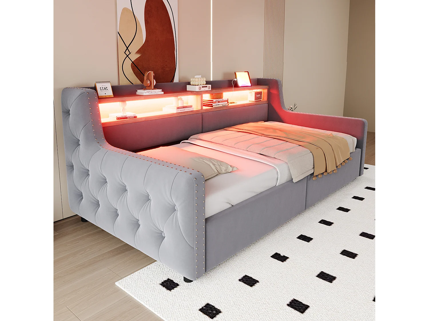 Daybed 90x200 cm, volwassen bed met opbergruimte, ledverlichting en USB-aansluitingen - lichtgrijs fluweel (zonder matras)