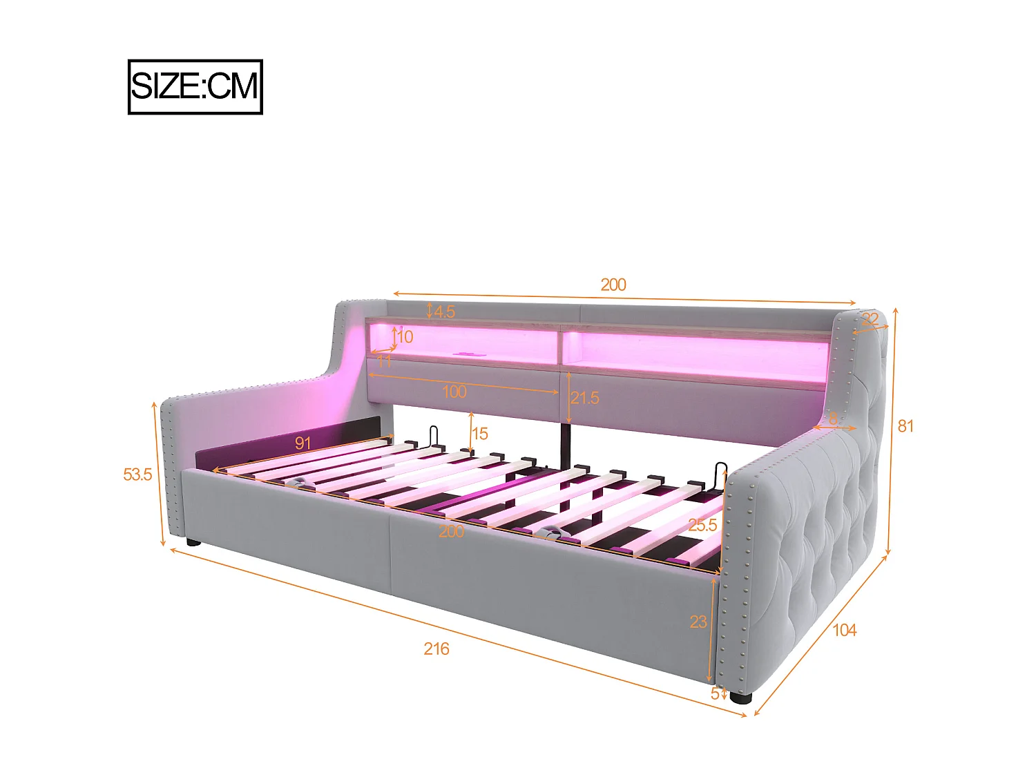 Daybed 90x200 cm, volwassen bed met opbergruimte, ledverlichting en USB-aansluitingen - lichtgrijs fluweel (zonder matras)