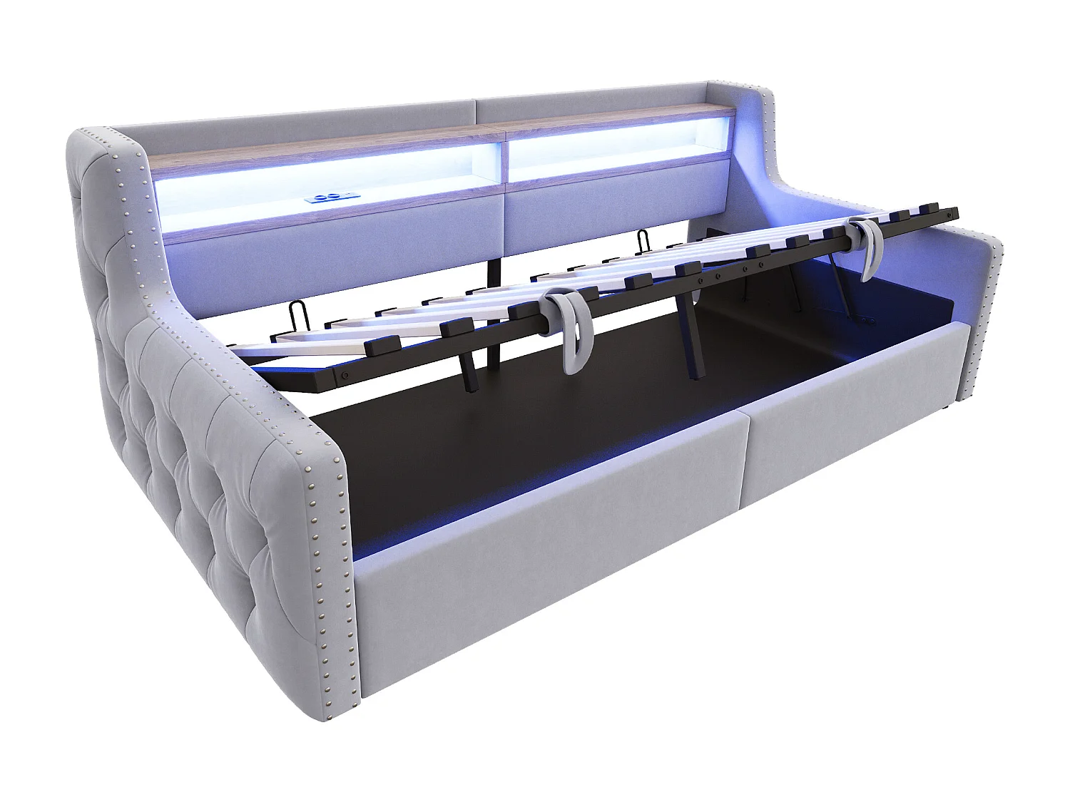 Daybed 90x200 cm, volwassen bed met opbergruimte, ledverlichting en USB-aansluitingen - lichtgrijs fluweel (zonder matras)