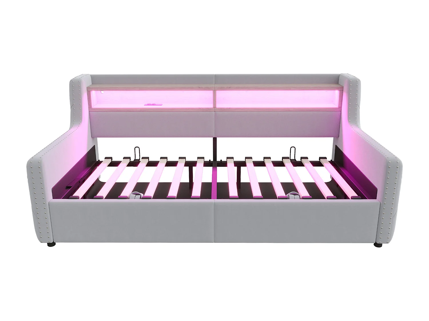 Daybed 90x200 cm, volwassen bed met opbergruimte, ledverlichting en USB-aansluitingen - lichtgrijs fluweel (zonder matras)