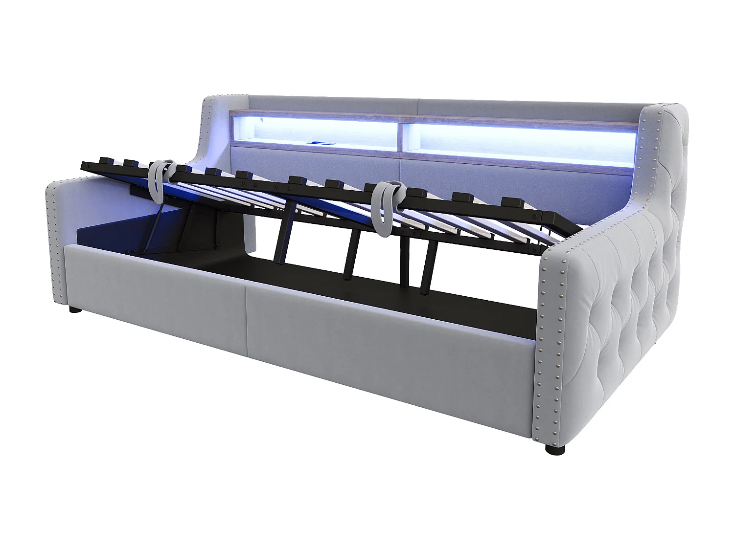 Daybed 90x200 cm, volwassen bed met opbergruimte, ledverlichting en USB-aansluitingen - lichtgrijs fluweel (zonder matras)