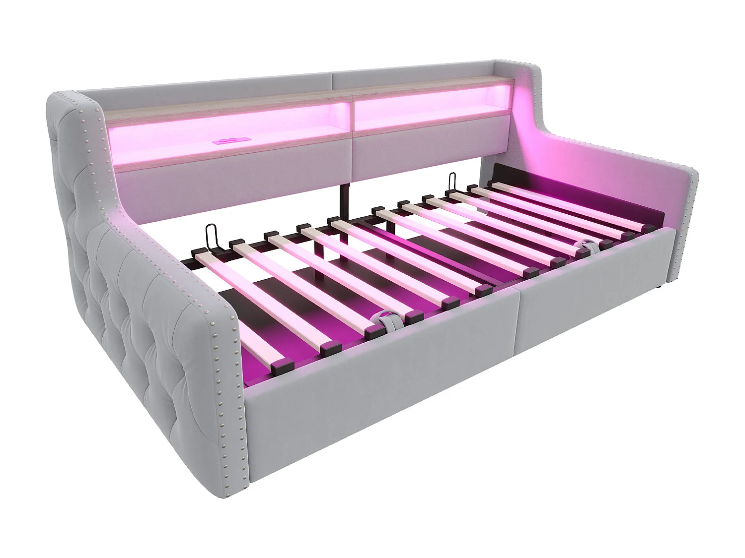 Daybed 90x200 cm, volwassen bed met opbergruimte, ledverlichting en USB-aansluitingen - lichtgrijs fluweel (zonder matras)