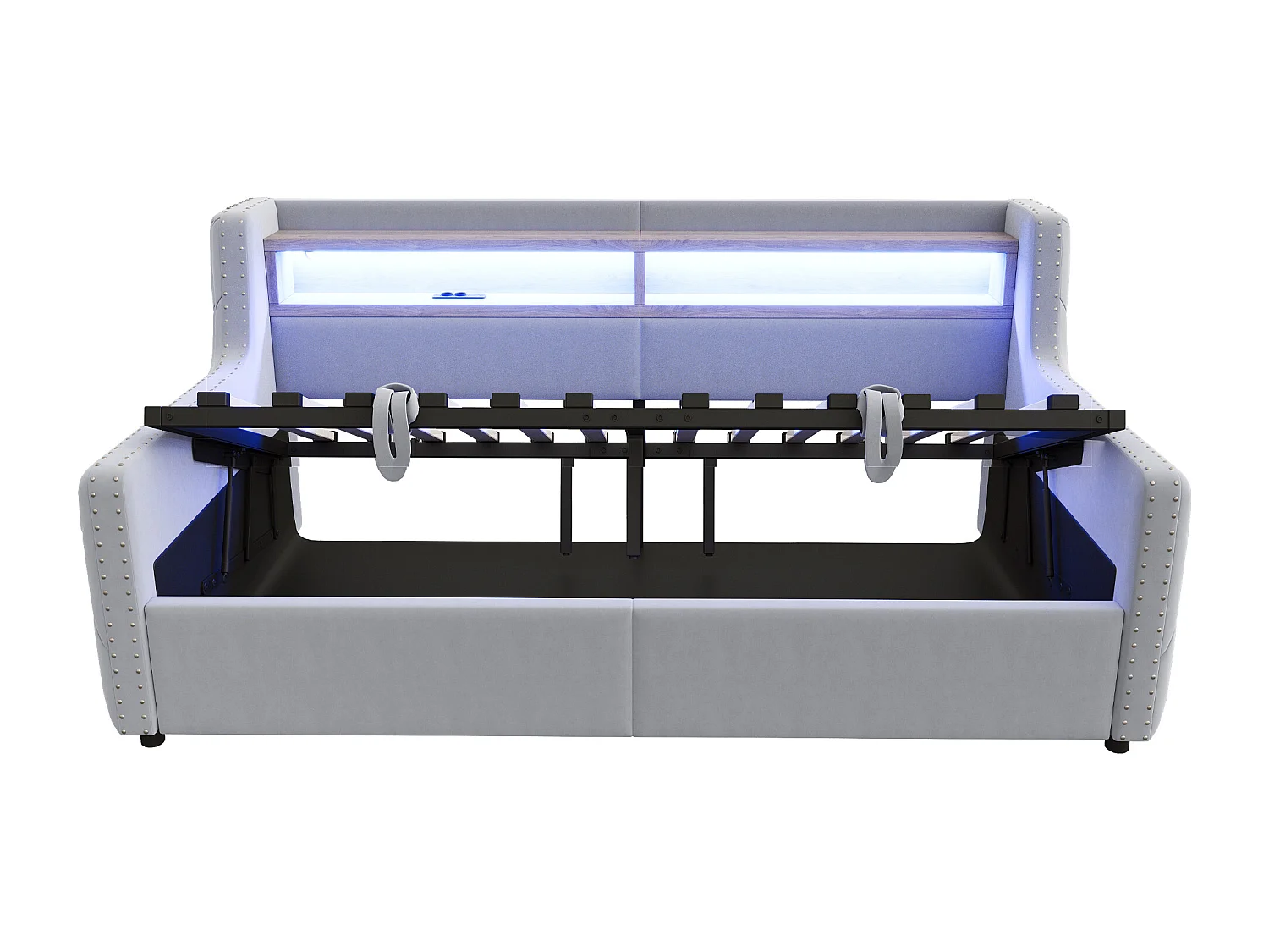 Daybed 90x200 cm, volwassen bed met opbergruimte, ledverlichting en USB-aansluitingen - lichtgrijs fluweel (zonder matras)