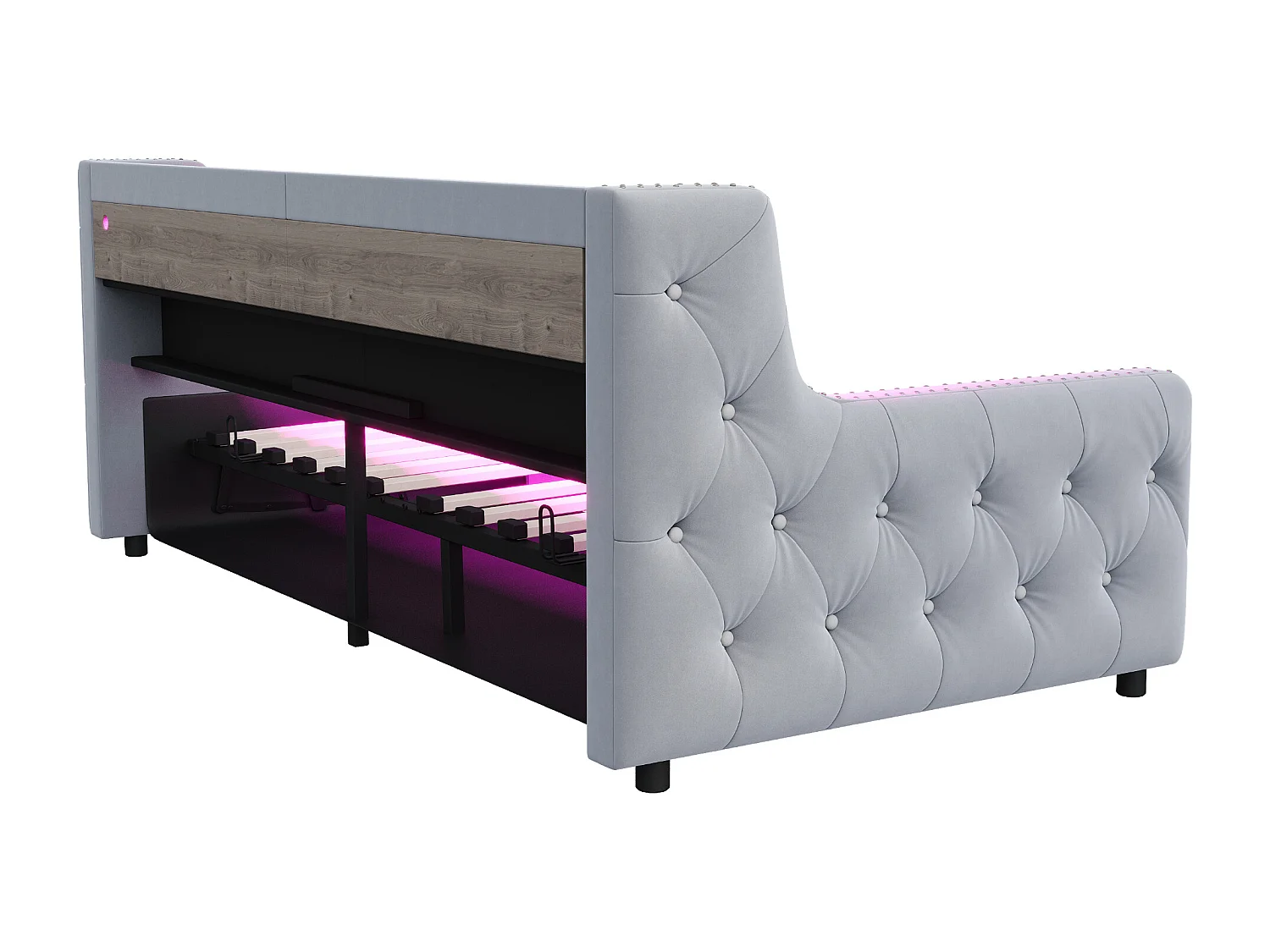 Daybed 90x200 cm, volwassen bed met opbergruimte, ledverlichting en USB-aansluitingen - lichtgrijs fluweel (zonder matras)
