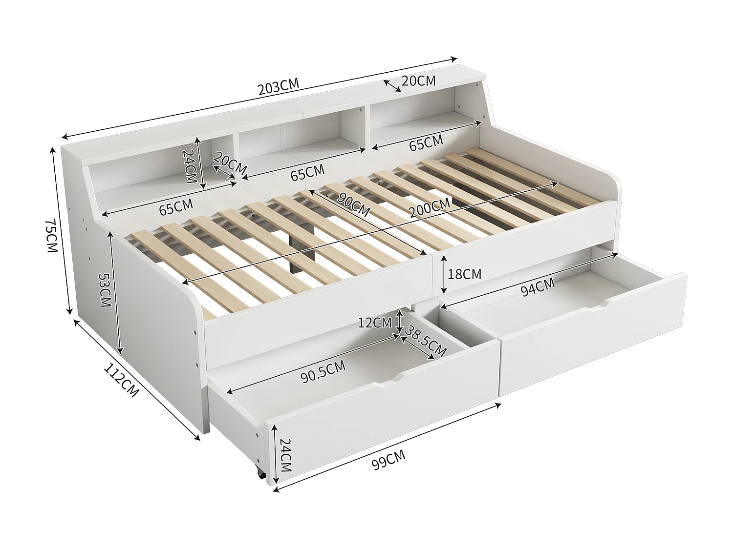 Lit banquette 90x200 cm Lit enfant avec 2 tiroirs et rangement ouvert - en pin - blanc