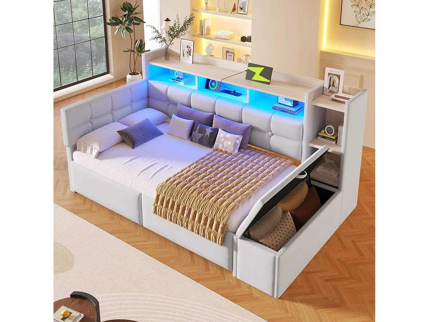 Lit banquette 90x190 cm, lit enfant avec port USB et LED, 2 tiroirs et étagères - velours beige (sans matelas)