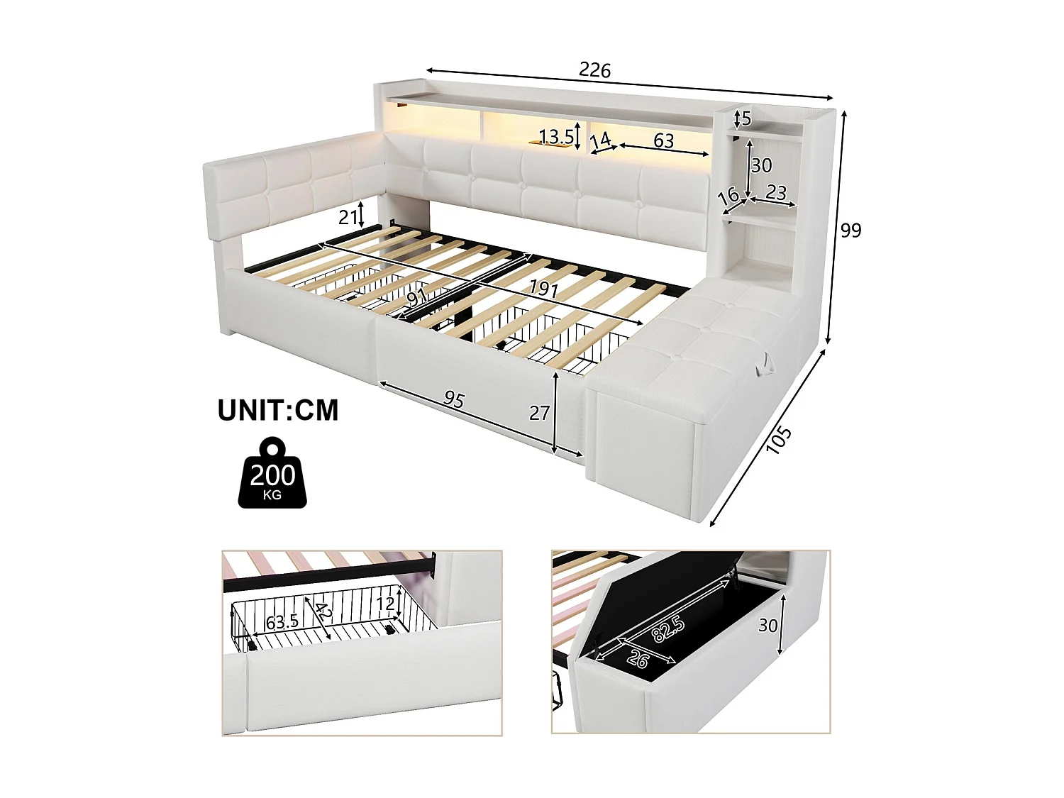 Lit banquette 90x190 cm, lit enfant avec port USB et LED, 2 tiroirs et étagères - velours beige (sans matelas)
