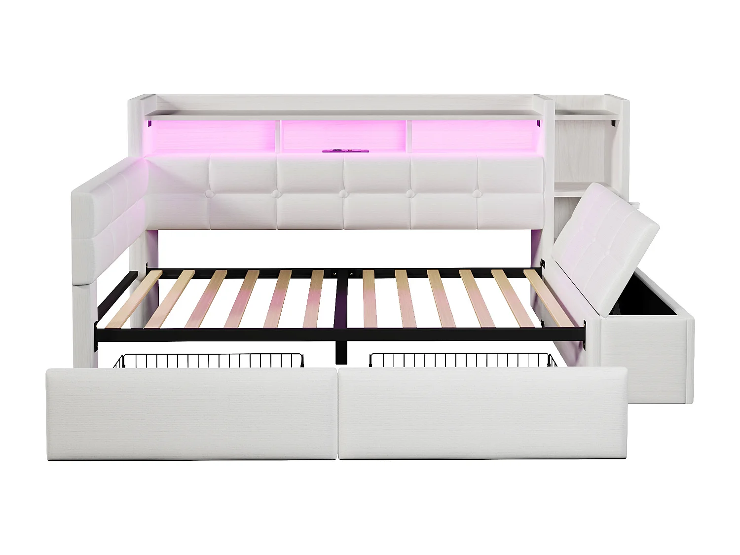 Lit banquette 90x190 cm, lit enfant avec port USB et LED, 2 tiroirs et étagères - velours beige (sans matelas)