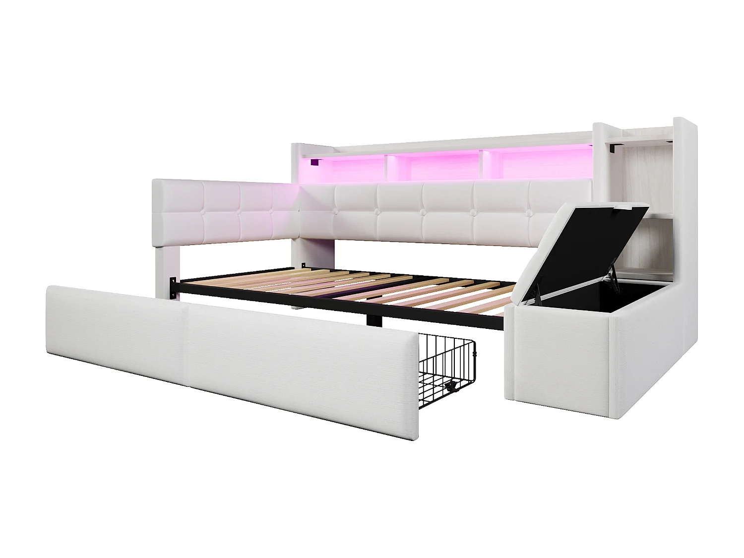 Lit banquette 90x190 cm, lit enfant avec port USB et LED, 2 tiroirs et étagères - velours beige (sans matelas)