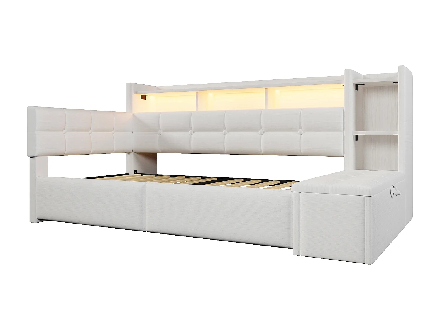 Lit banquette 90x190 cm, lit enfant avec port USB et LED, 2 tiroirs et étagères - velours beige (sans matelas)