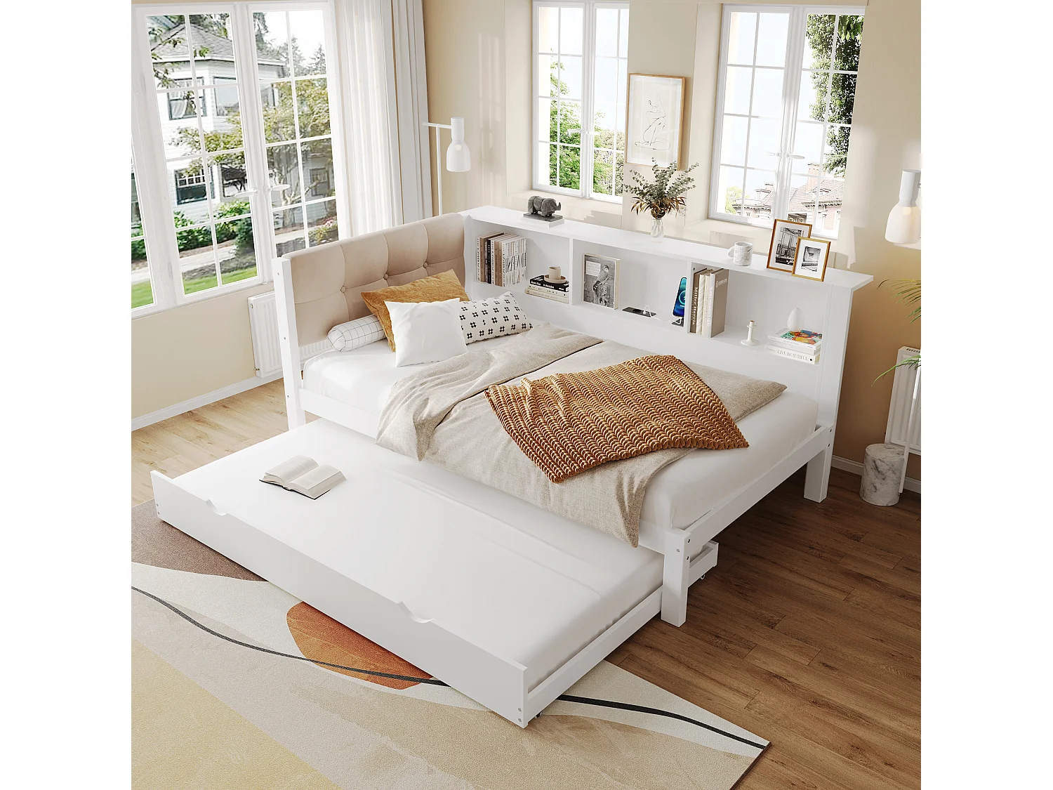 Lit banquette 90x200 cm Lit enfant avec lit gigogne, éclairage LED et prise USB - blanc (sans matelas)