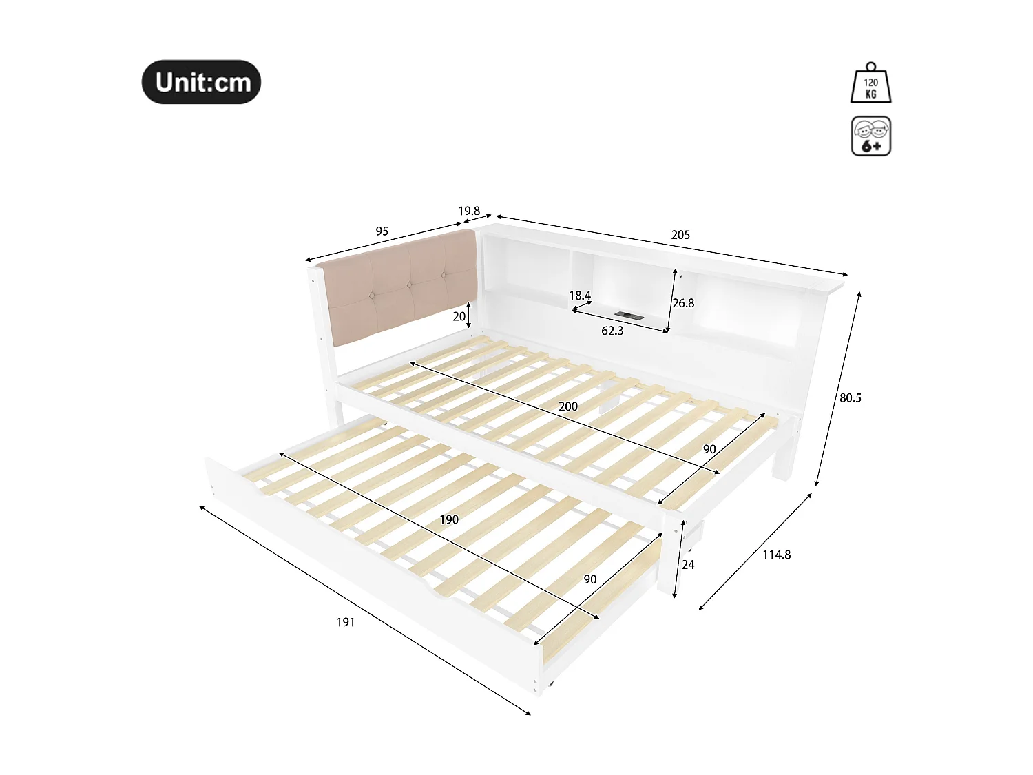 Lit banquette 90x200 cm Lit enfant avec lit gigogne, éclairage LED et prise USB - blanc (sans matelas)