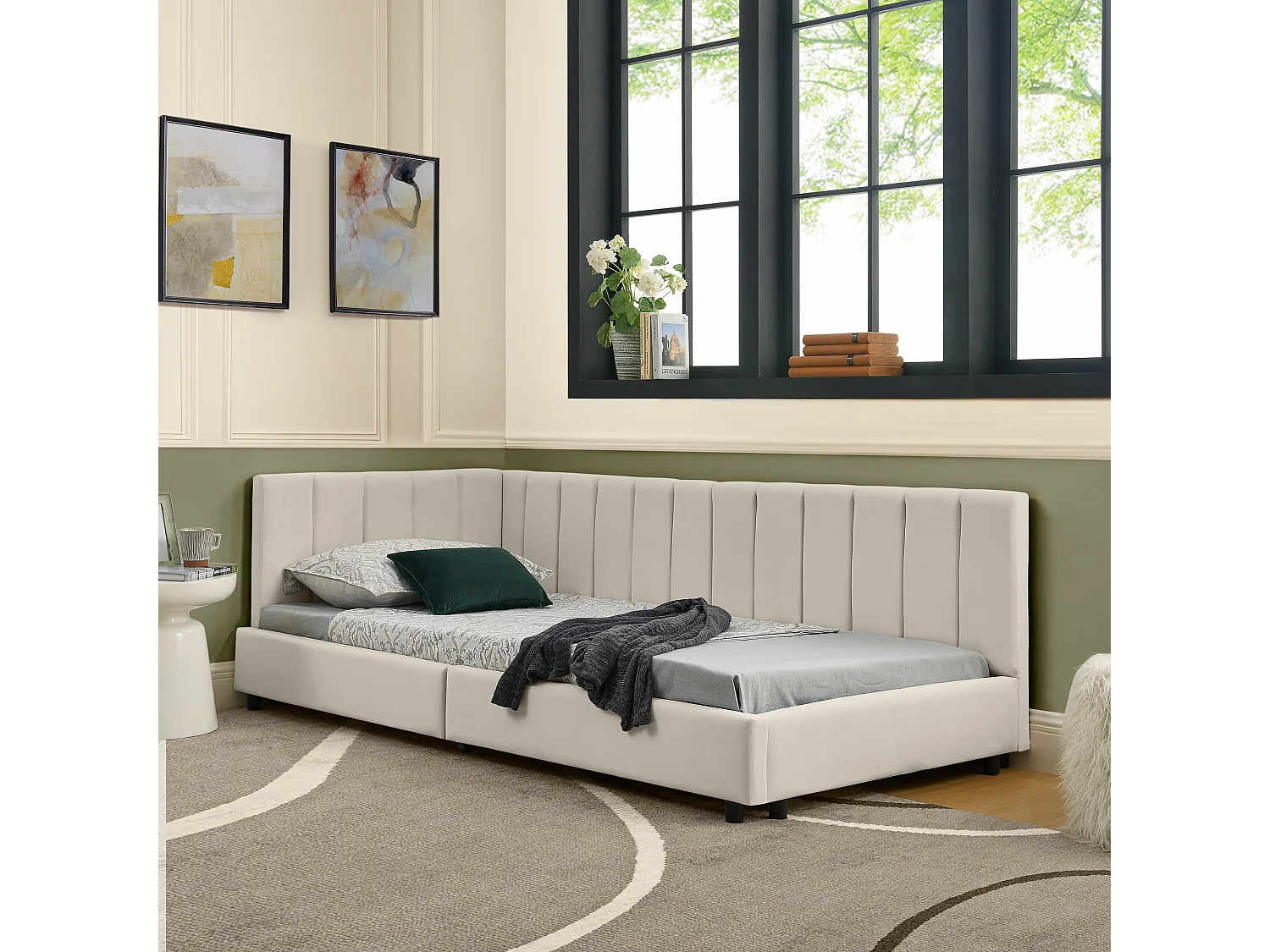 Cama de día 90x200 cm Cama infantil con respaldo y somier de madera - terciopelo beige (sin colchón)