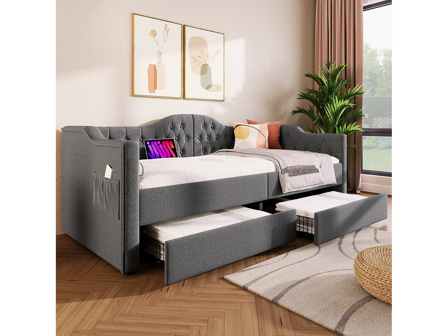 Lit banquette 90x190 cm Lit enfant avec tête de lit, 2 tiroirs, USB / Type-C - en lin - gris - sans matelas