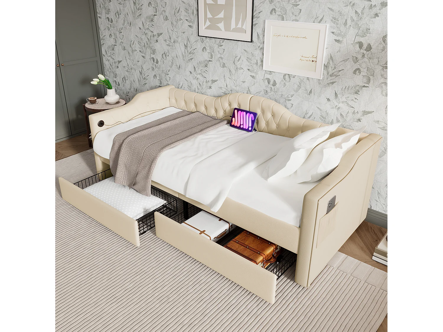 Lit banquette 90x200cm Lit enfant avec 2 tiroirs et USB Type-C - en velours - beige - sans matelas
