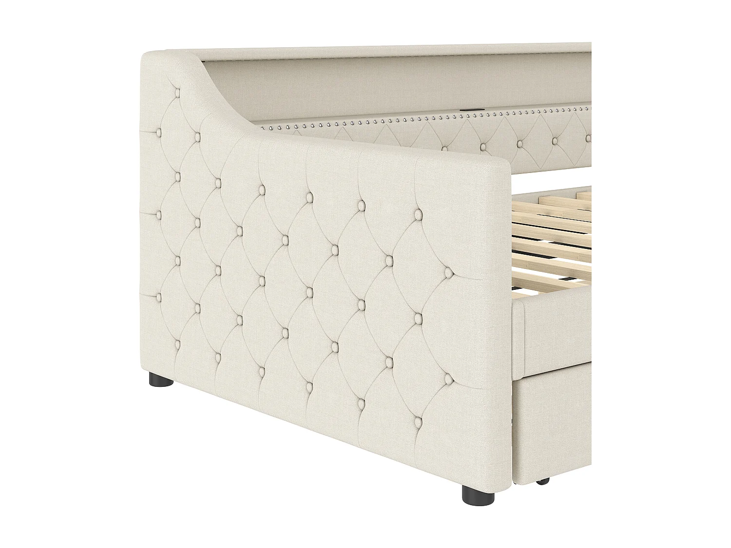 Slaapbank 90x200 cm, uitschuifbaar bed met ledverlichting en USB-aansluiting - Beige linnen (zonder matras)