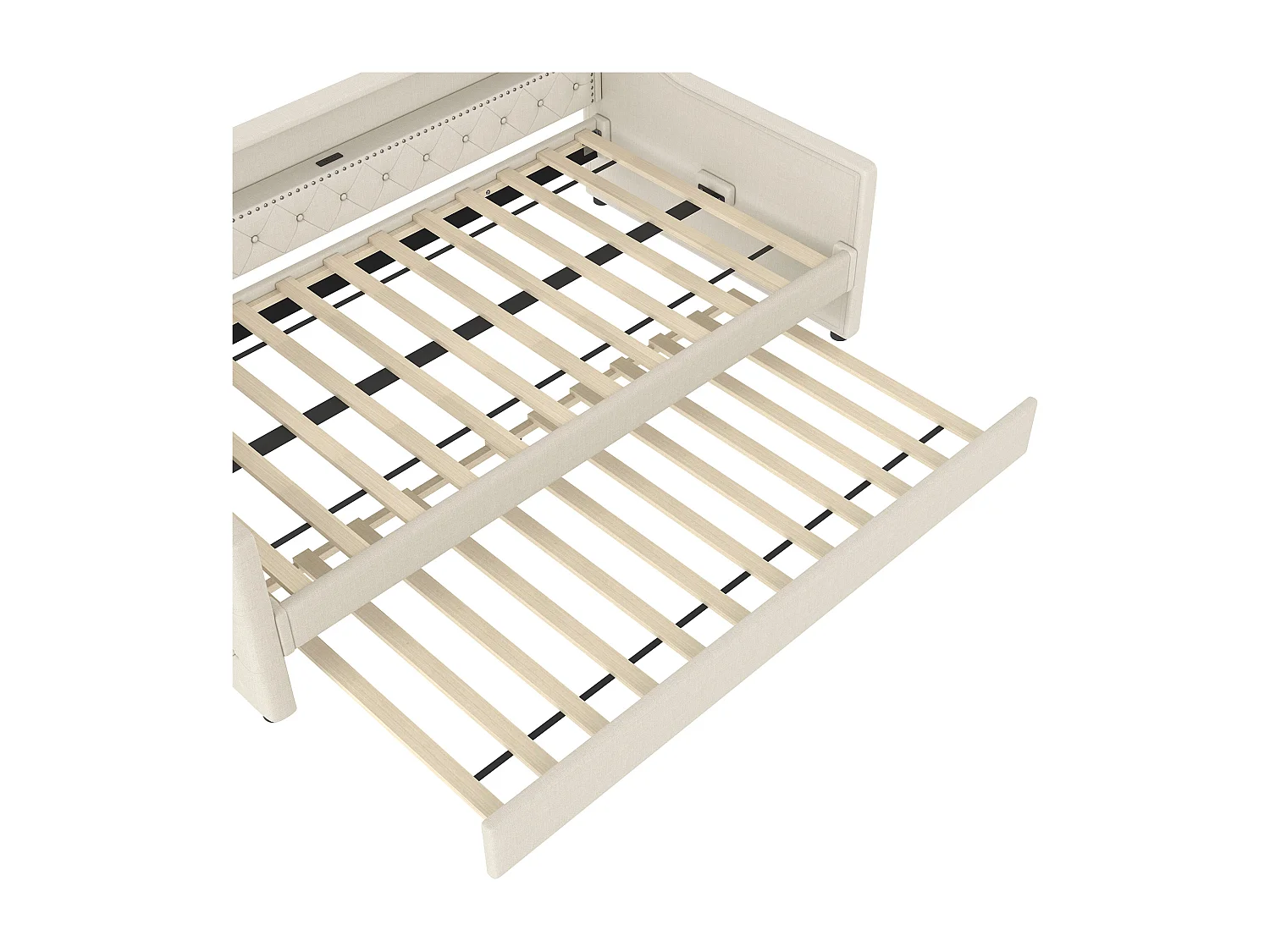 Slaapbank 90x200 cm, uitschuifbaar bed met ledverlichting en USB-aansluiting - Beige linnen (zonder matras)