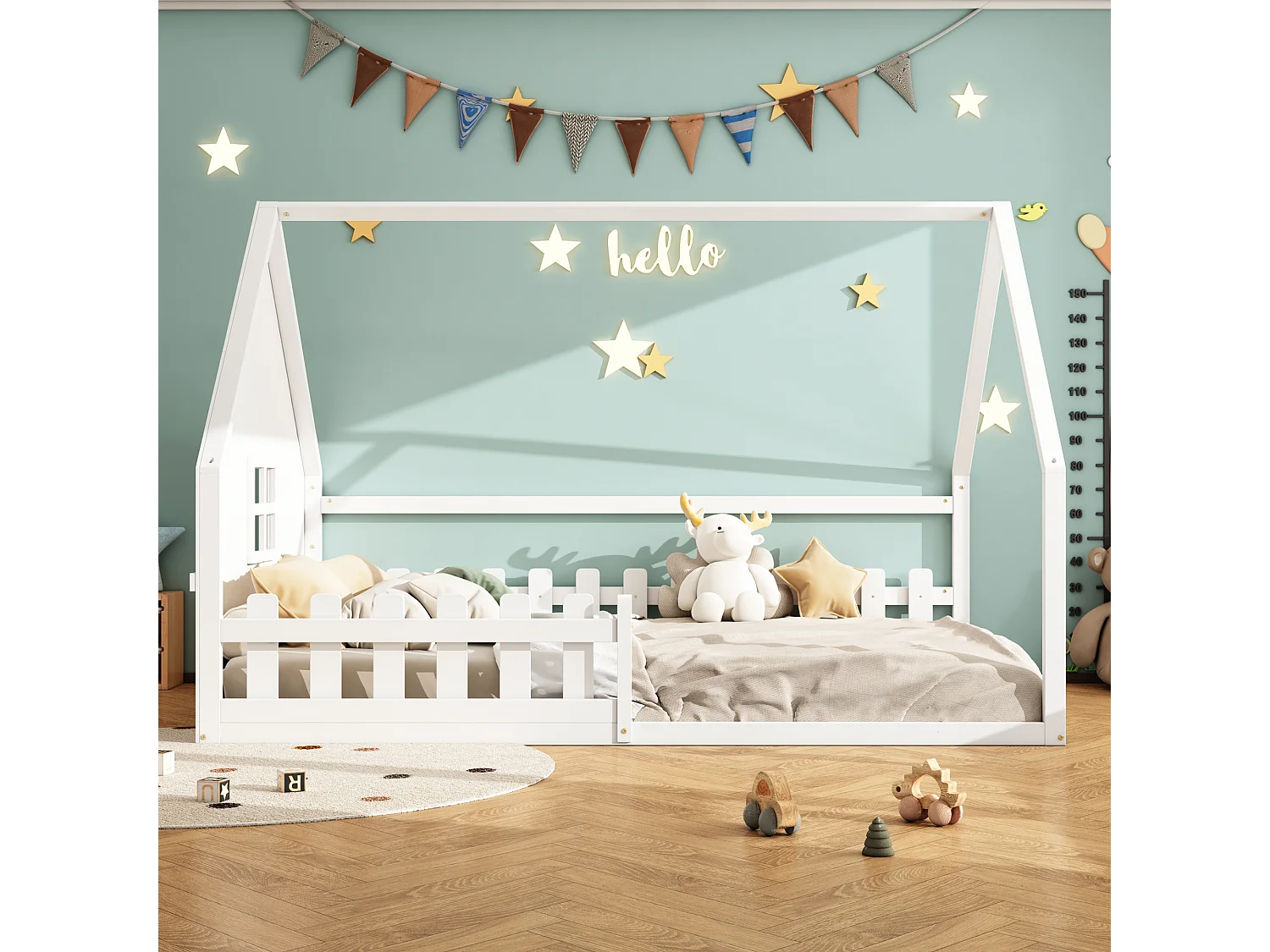 Lit cabane 140x200 cm, lit enfant avec barrières de sécurité et sommier à lattes en bois - pin - blanc (sans matelas)