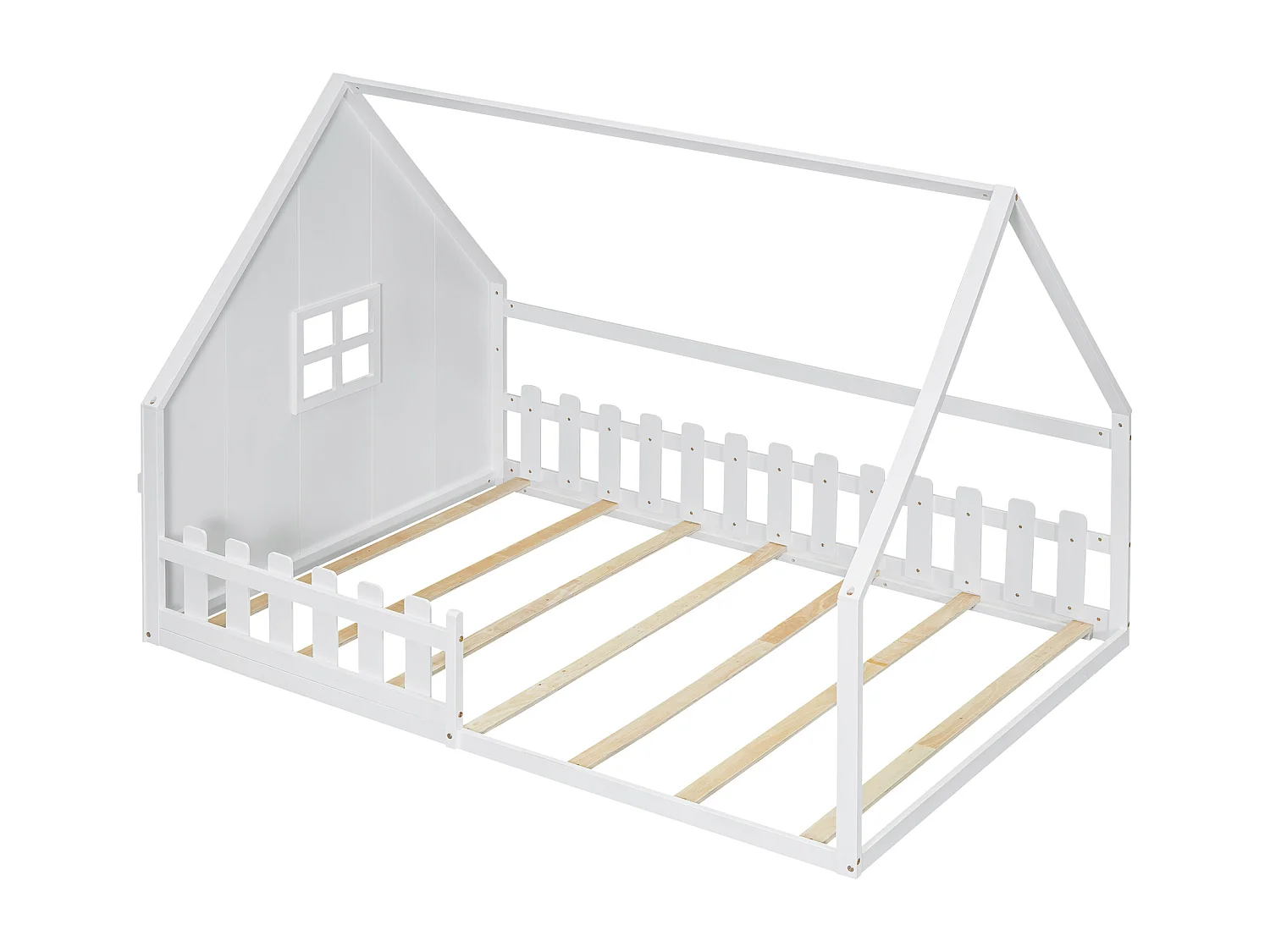 Lit cabane 140x200 cm, lit enfant avec barrières de sécurité et sommier à lattes en bois - pin - blanc (sans matelas)