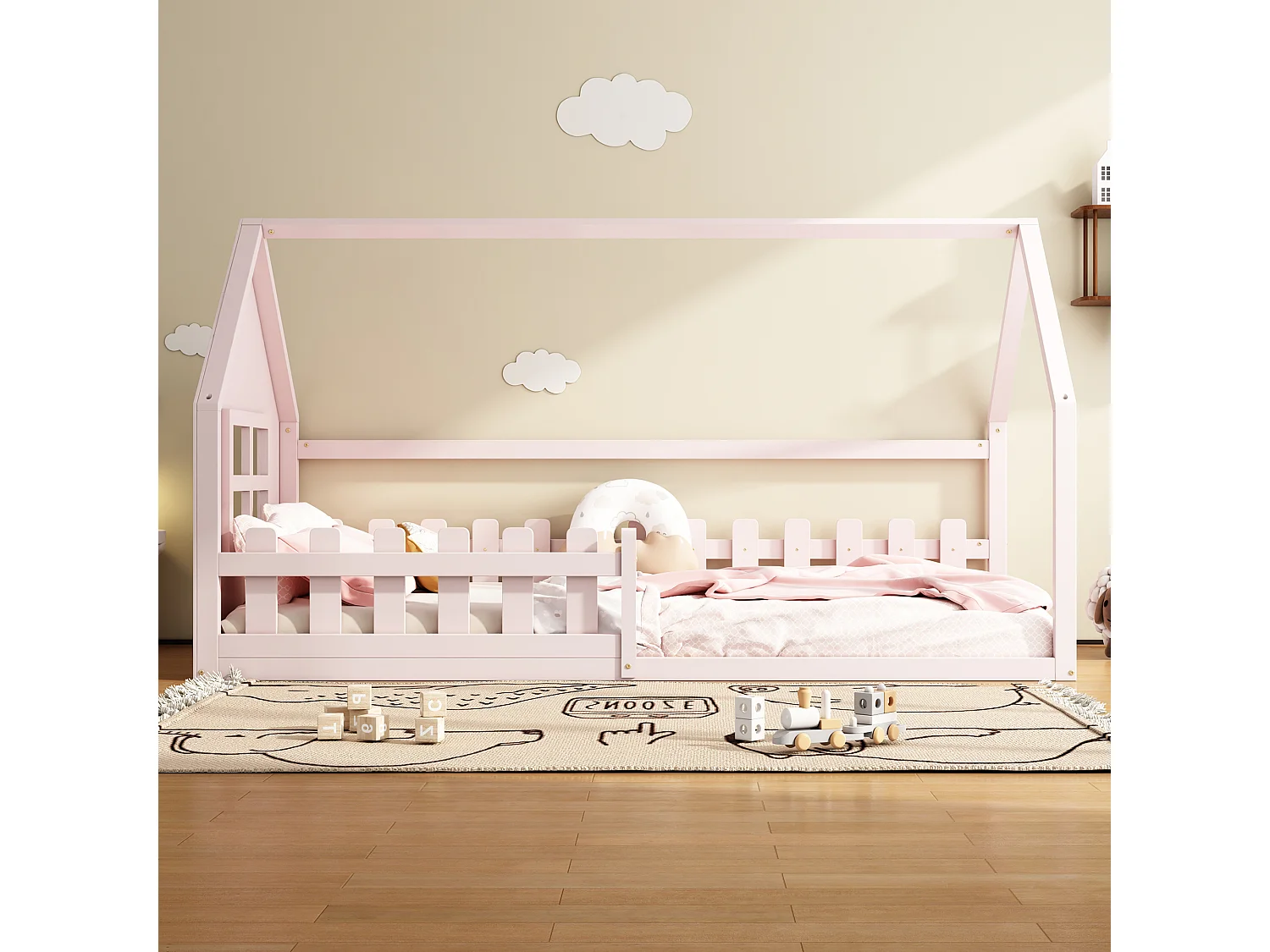 Kinderbett 90x200cm mit Schutzgittern und Lattenrost aus Holz - Kiefer - rosa (ohne Matratze)