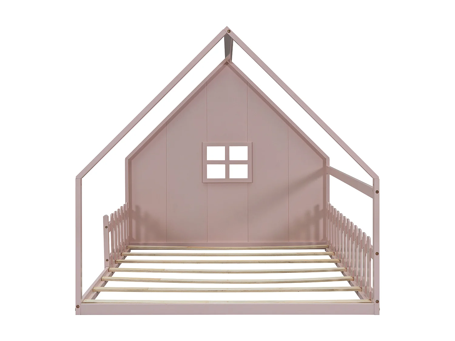 Lit cabane 140x200 cm, lit enfant avec barrières de sécurité et sommier à lattes en bois - pin - rose (sans matelas)