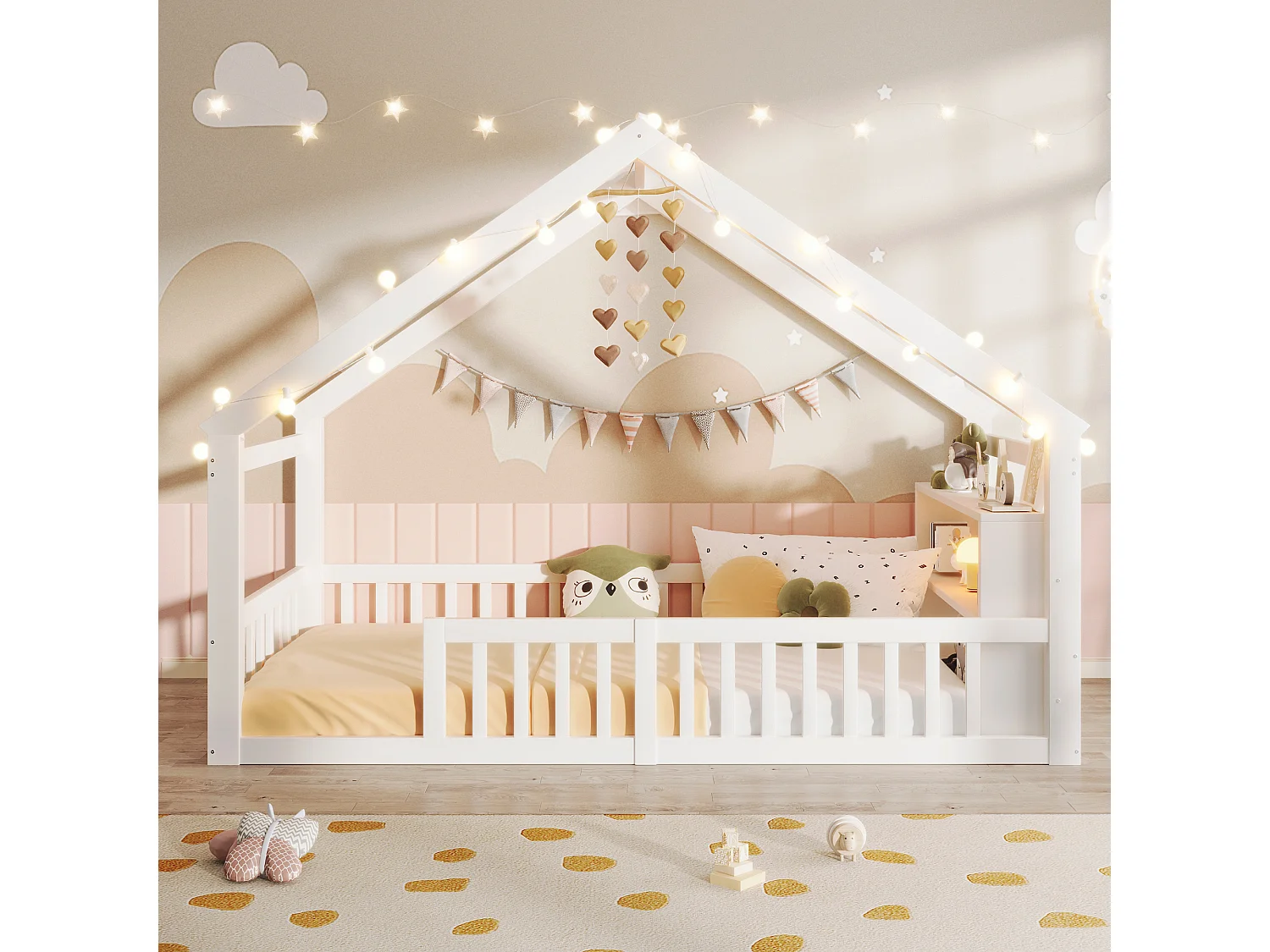 Cama infantil de 90x190 cm con barandillas y somier de láminas, pino - blanca (sin colchón)