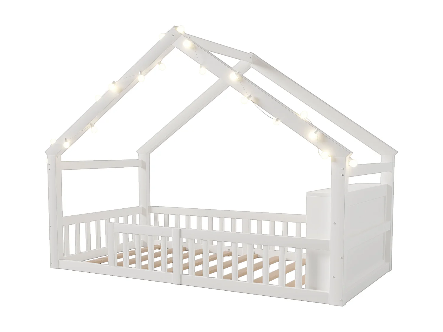 Cama infantil de 90x190 cm con barandillas y somier de láminas, pino - blanca (sin colchón)