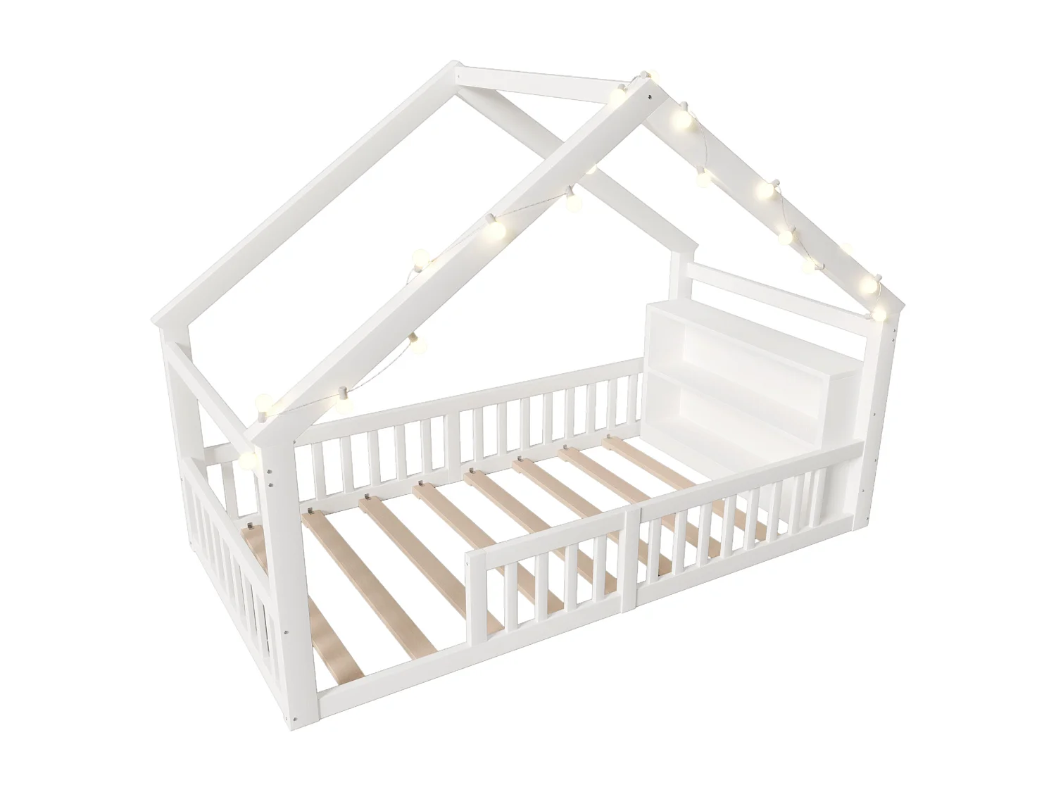 Cama infantil de 90x190 cm con barandillas y somier de láminas, pino - blanca (sin colchón)