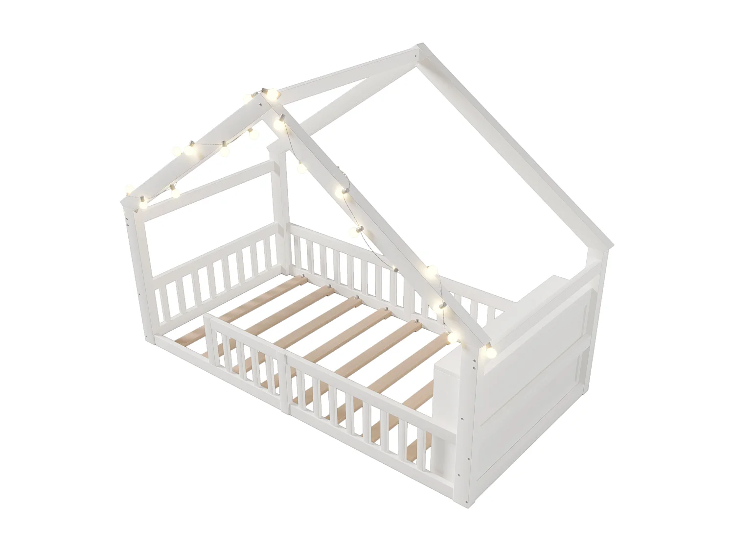 Cama infantil de 90x190 cm con barandillas y somier de láminas, pino - blanca (sin colchón)