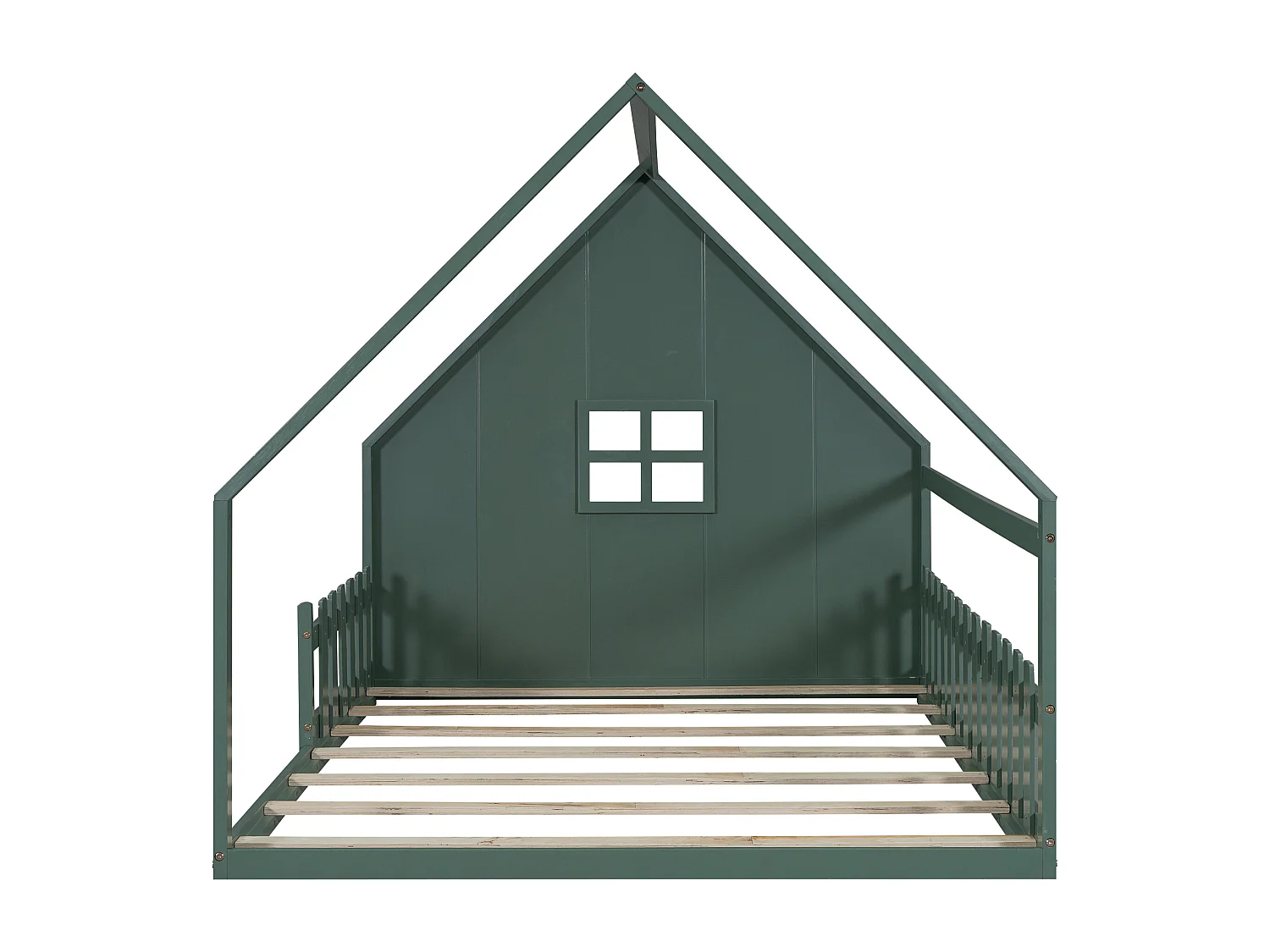 Lit cabane 140x200 cm, lit enfant avec barrières de sécurité et sommier à lattes en bois - pin - vert (sans matelas)