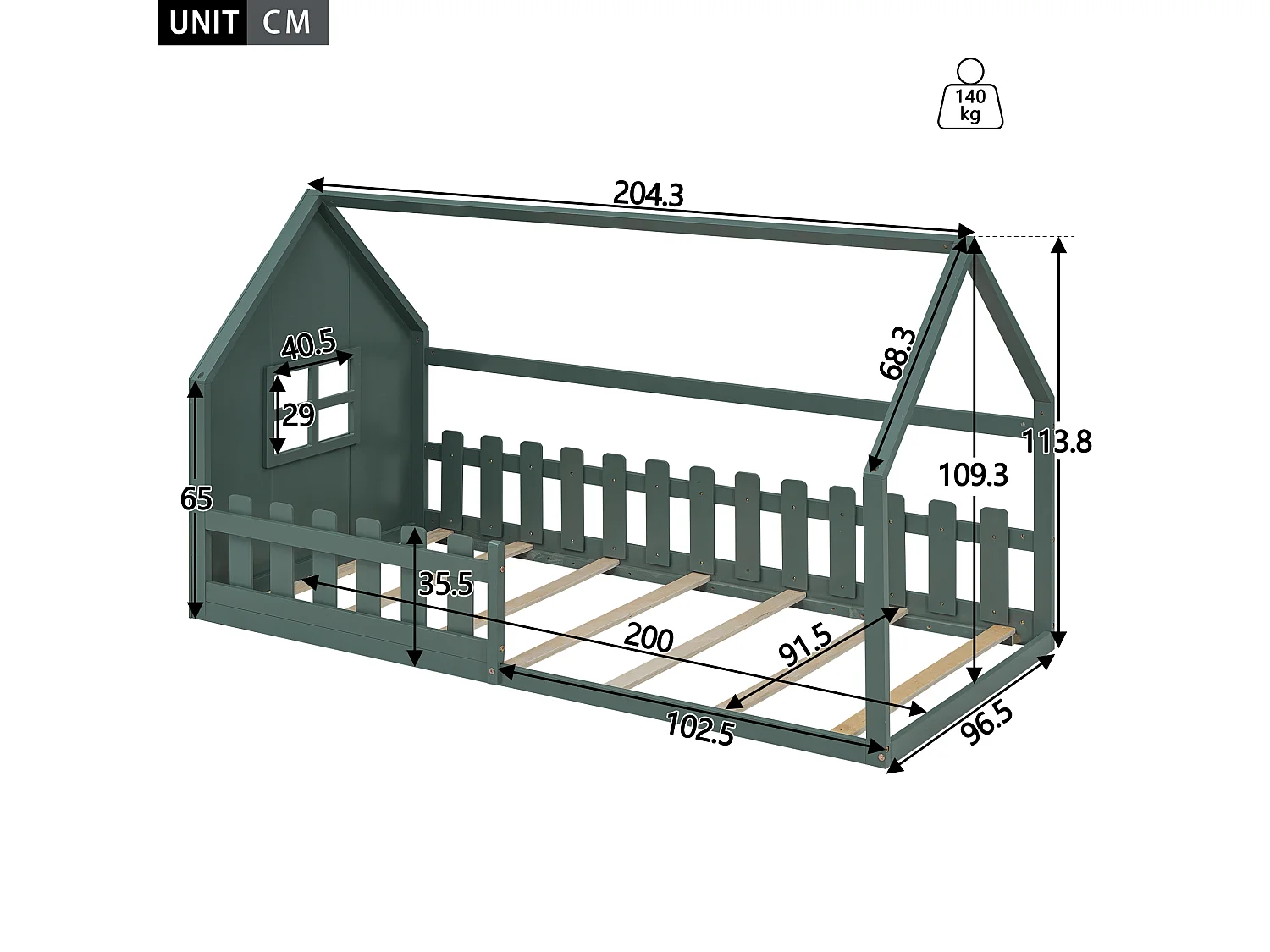 Lit cabane 90x200 cm, lit enfant avec barrières de sécurité et sommier à lattes en bois - pin - vert (sans matelas)
