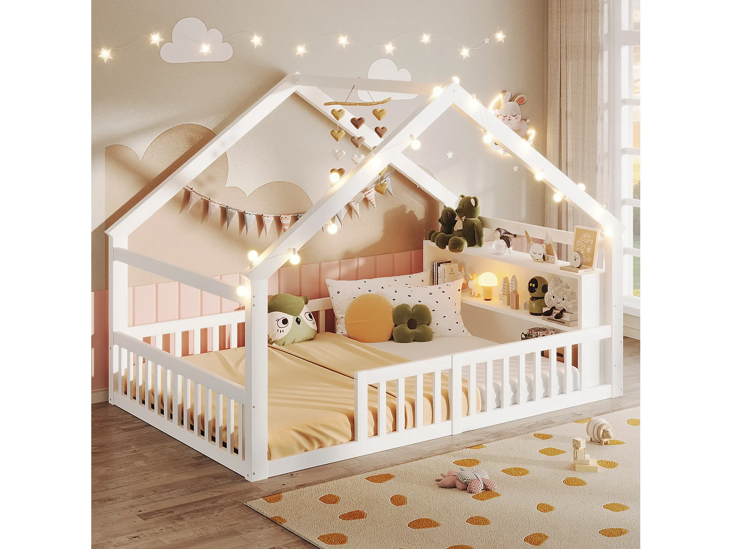 Lit cabane 140x190 cm, lit enfant avec barrières de sécurité et sommier à lattes, pin - blanc (sans matelas)