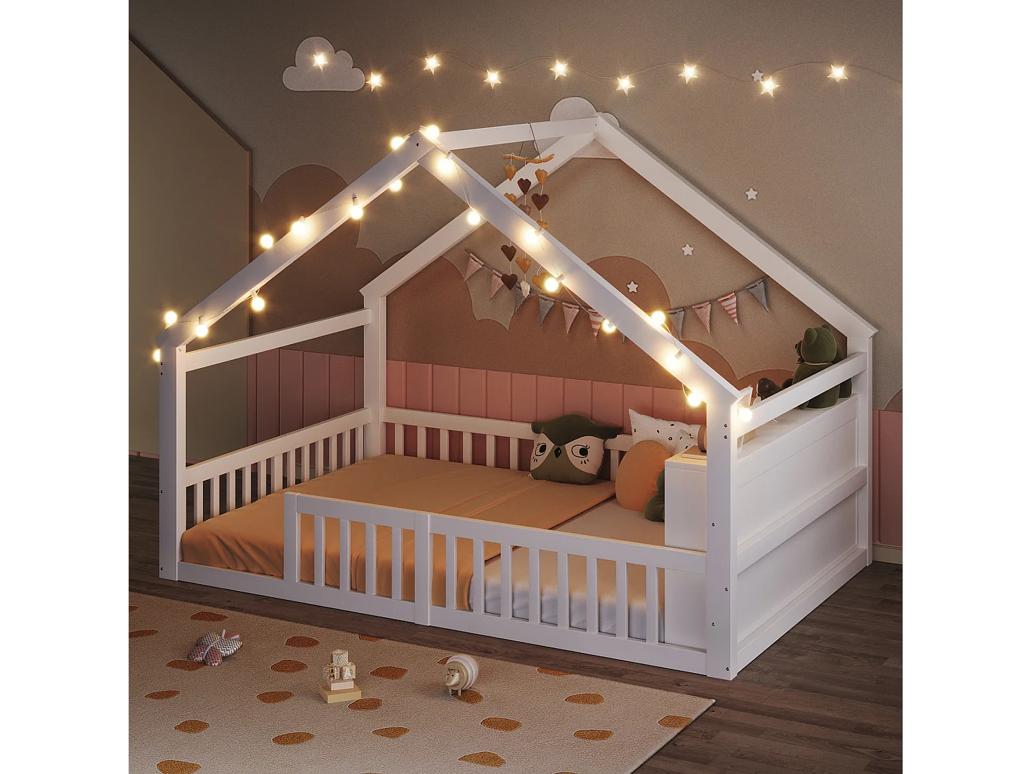 Lit cabane 140x190 cm, lit enfant avec barrières de sécurité et sommier à lattes, pin - blanc (sans matelas)