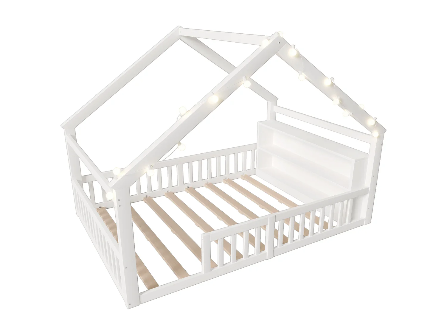 Lit cabane 140x190 cm, lit enfant avec barrières de sécurité et sommier à lattes, pin - blanc (sans matelas)