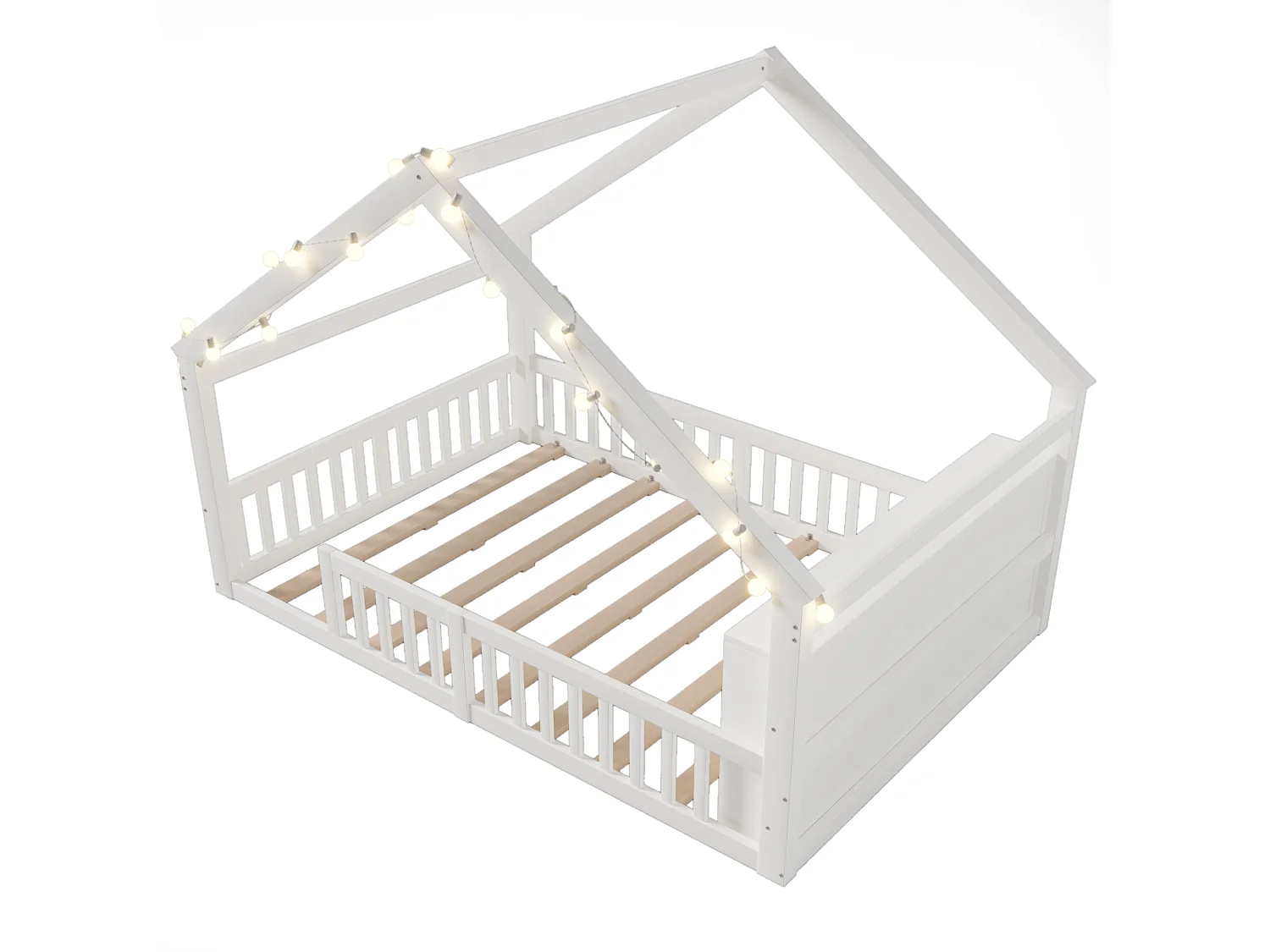 Lit cabane 140x190 cm, lit enfant avec barrières de sécurité et sommier à lattes, pin - blanc (sans matelas)