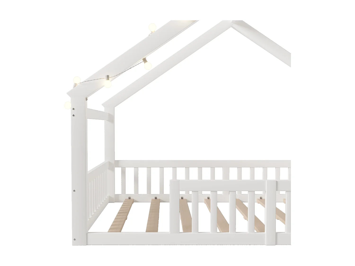 Lit cabane 140x190 cm, lit enfant avec barrières de sécurité et sommier à lattes, pin - blanc (sans matelas)