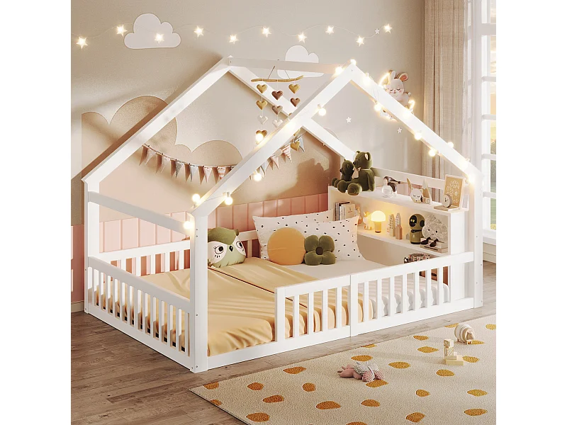 Lit cabane 140x190 cm, lit enfant avec barrières de sécurité et sommier à lattes, pin - blanc (sans matelas)