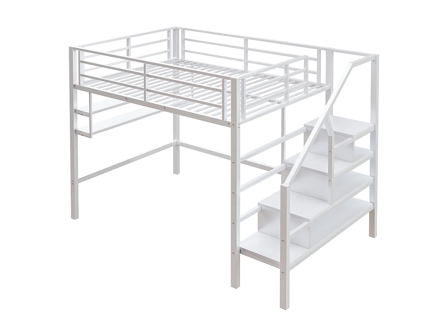 Lit mezzanine 140x200cm Lit ado avec barrières de sécurité et étagères de rangement, métal - blanc (sans matelas)