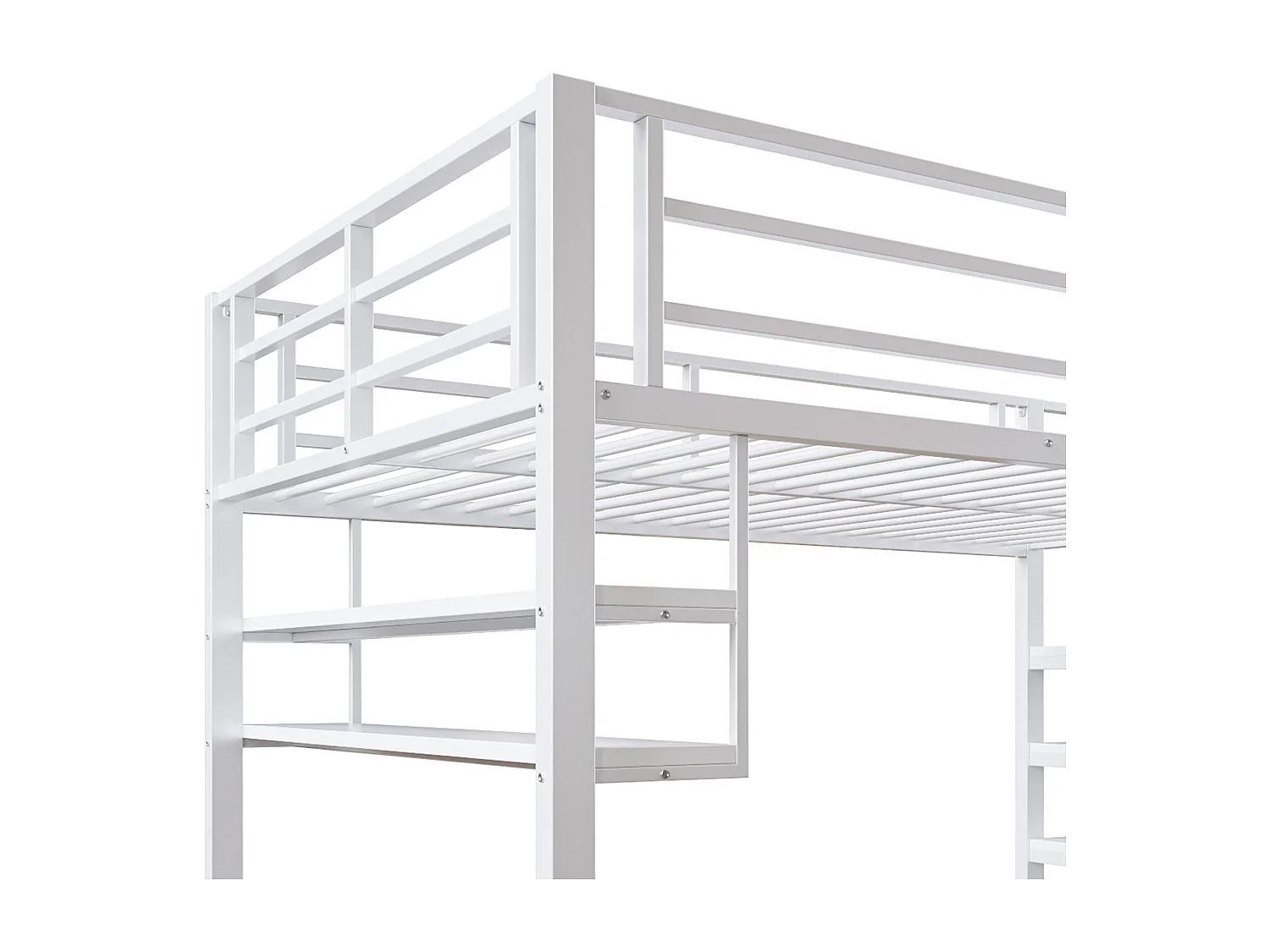 Lit mezzanine 140x200cm Lit ado avec barrières de sécurité et étagères de rangement, métal - blanc (sans matelas)
