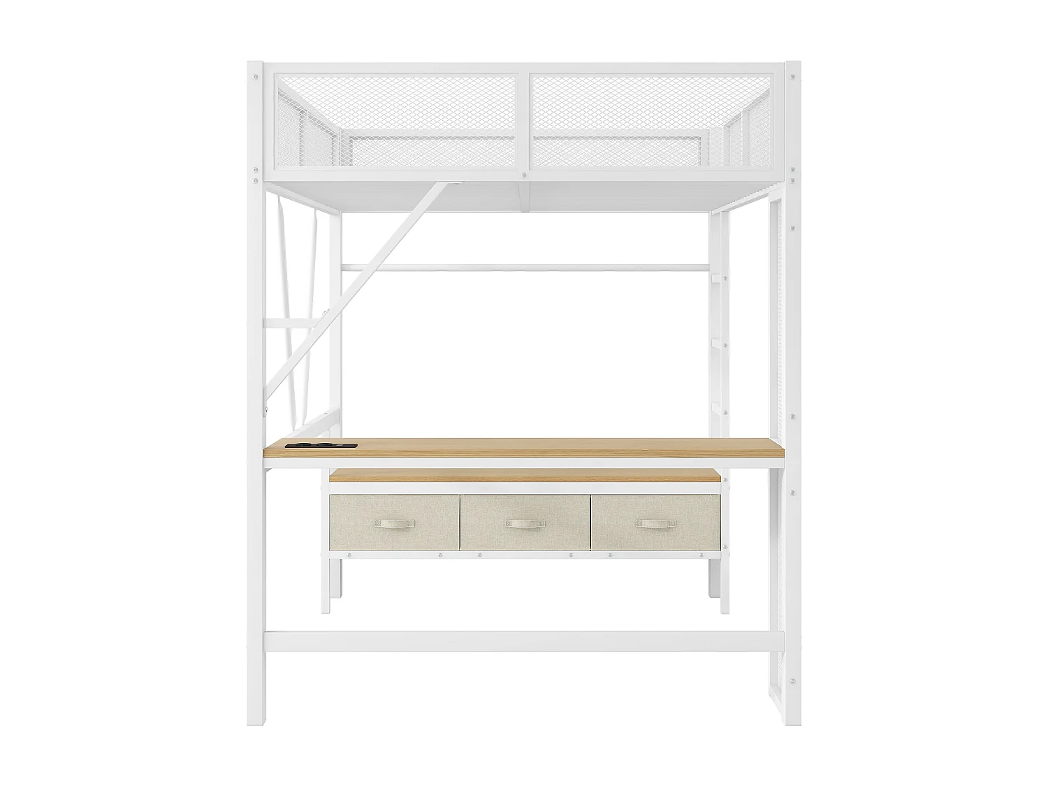 Hoogslaper 140x200 cm, tienerbed met USB-aansluiting en ledverlichting, 3 lades en bureau - wit (zonder matras)