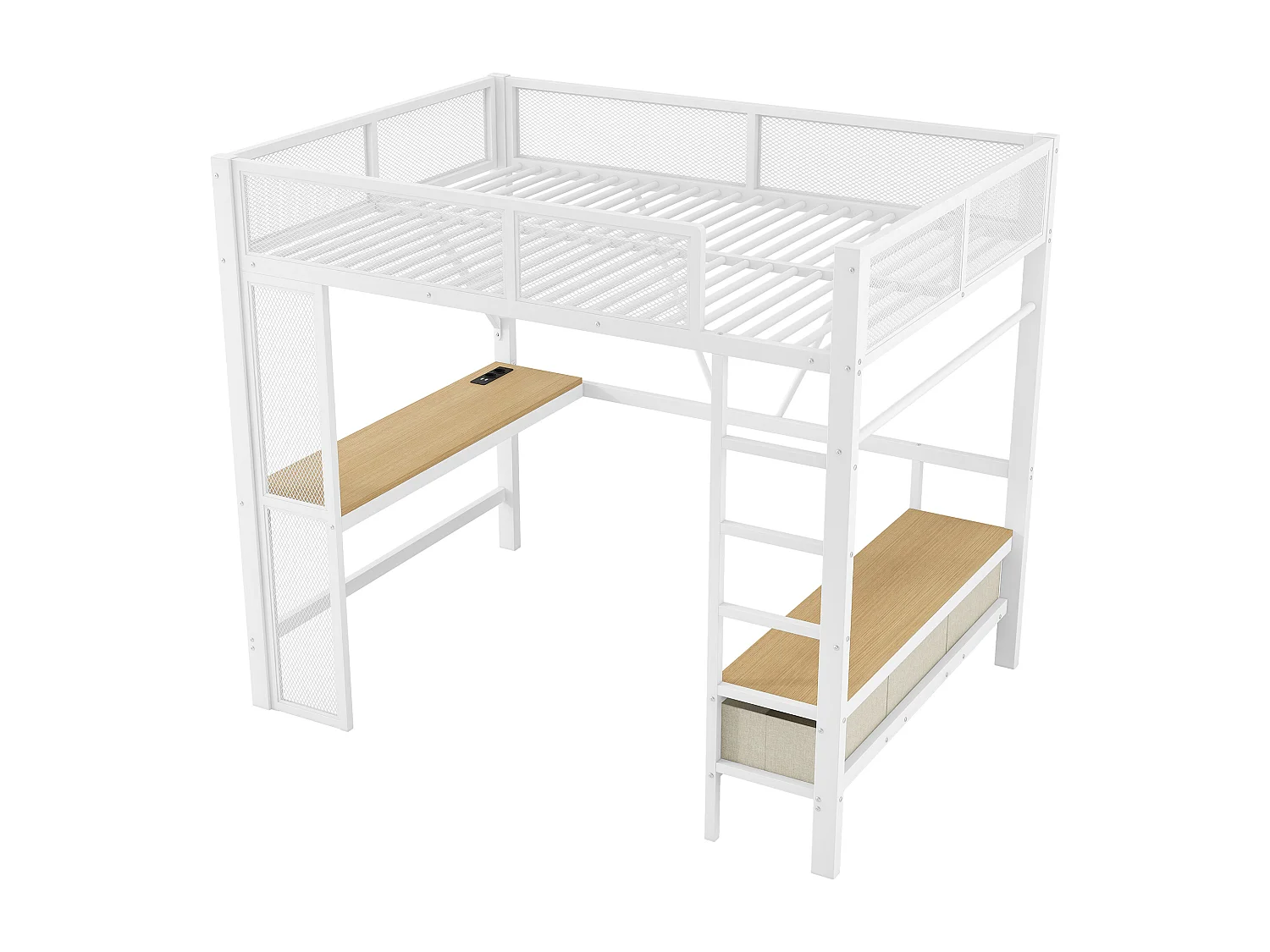 Hoogslaper 140x200 cm, tienerbed met USB-aansluiting en ledverlichting, 3 lades en bureau - wit (zonder matras)