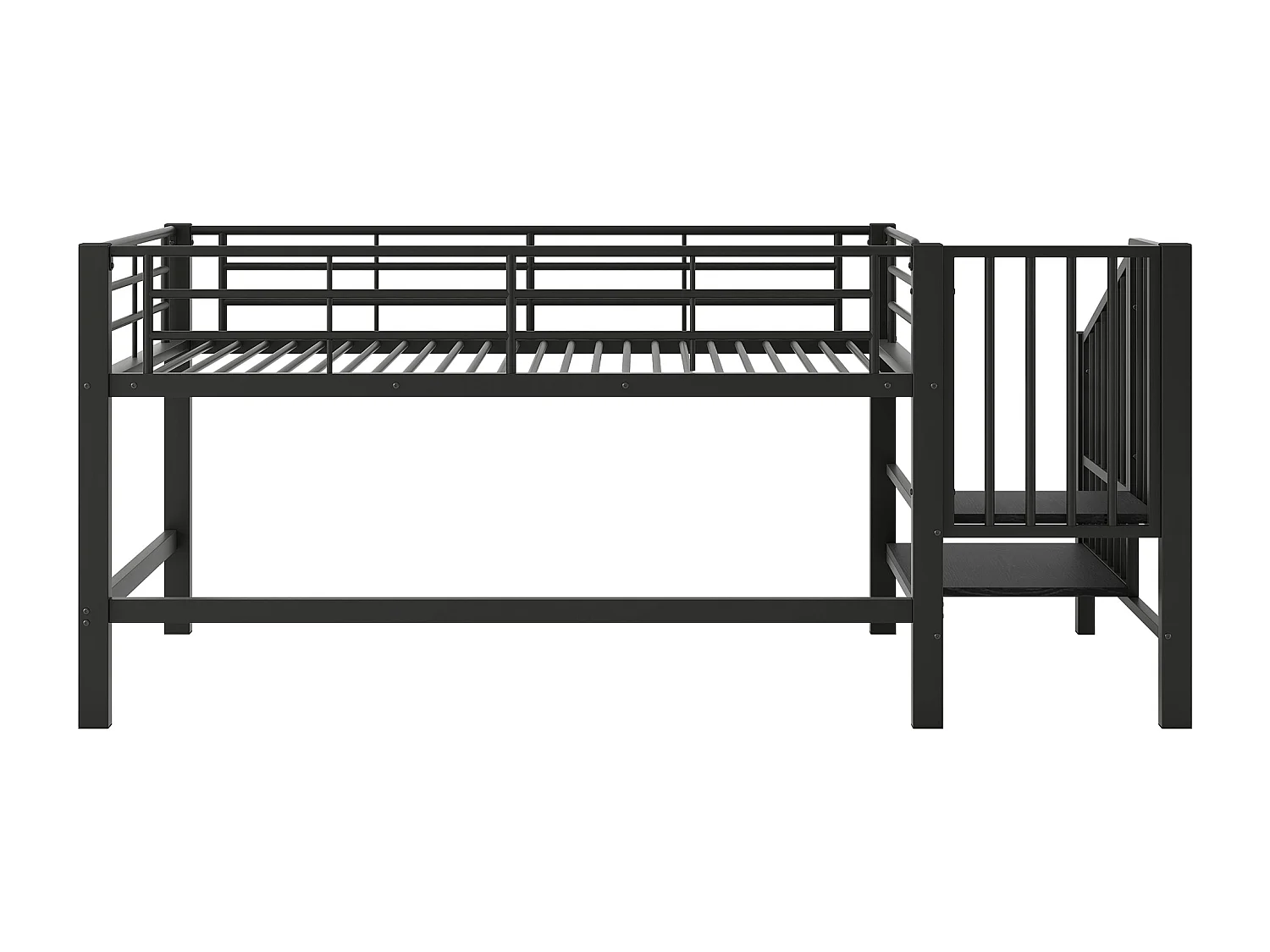 Hochbett 90 x 200 cm, Kinderbett mit Treppe und Schutzgitter, Lattenrost aus Metall – schwarz (ohne Matratze)