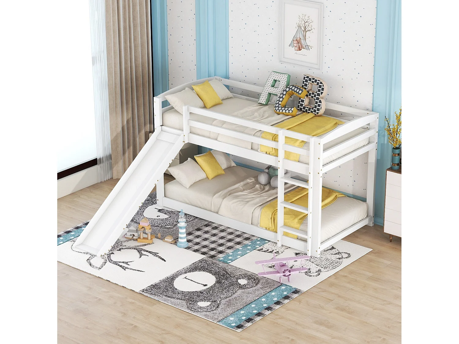 Lit superposé 90x200 cm, lit enfant avec toboggan et échelle, cadre en bois - blanc (sans matelas)