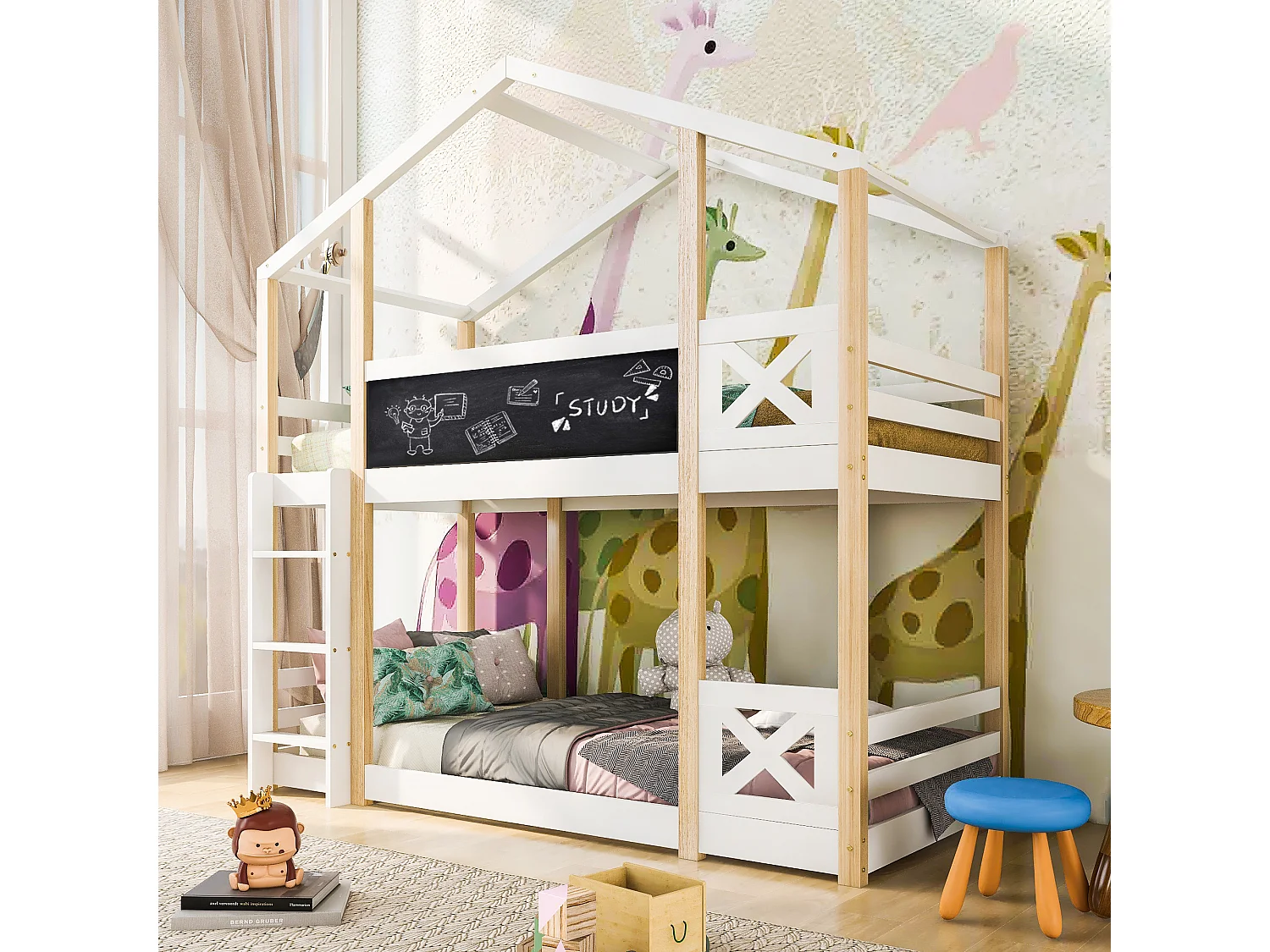 Litera 90x200 cm Cama cabina Cama infantil con escalera y somier - Natural y blanco (sin colchón)