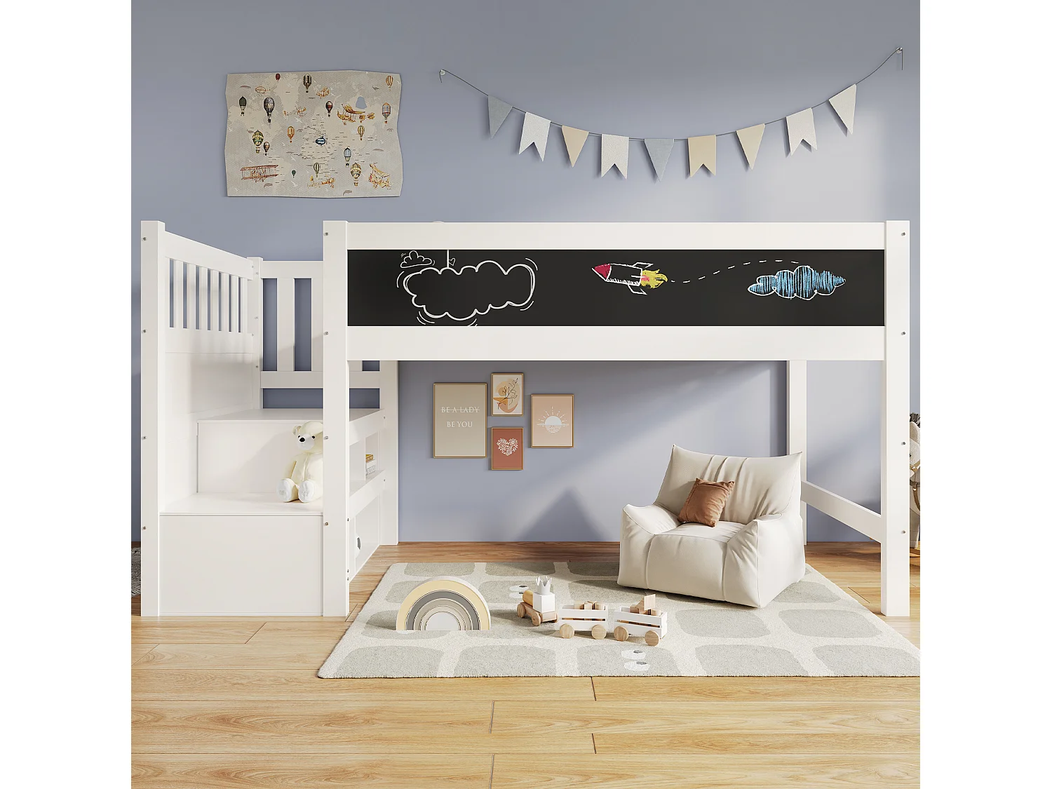 Letto a soppalco 90x200 cm con scaletta contenitore e tavoletta per scarabocchi - Spondine - Bianco (senza materasso)