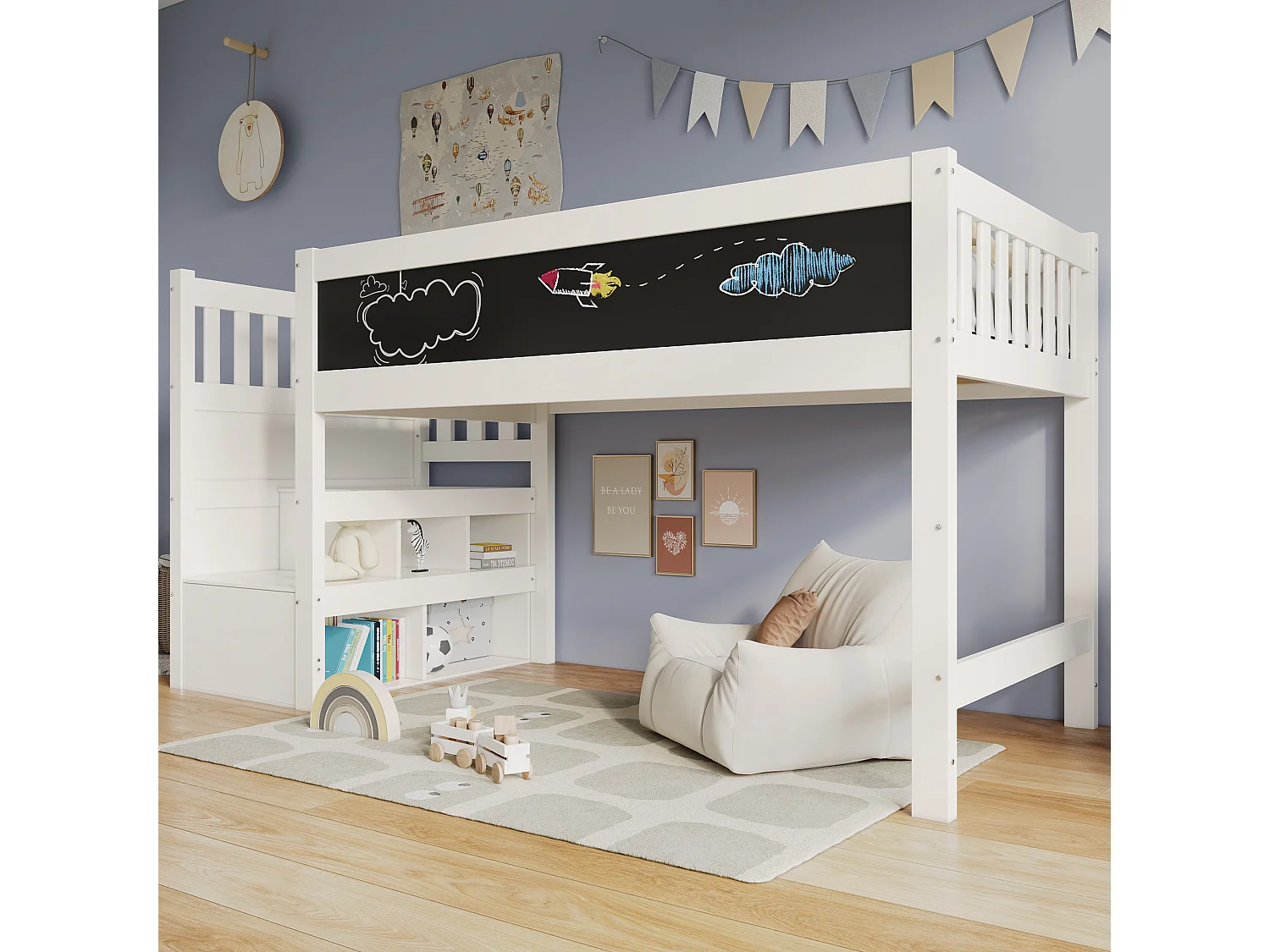 Letto a soppalco 90x200 cm con scaletta contenitore e tavoletta per scarabocchi - Spondine - Bianco (senza materasso)