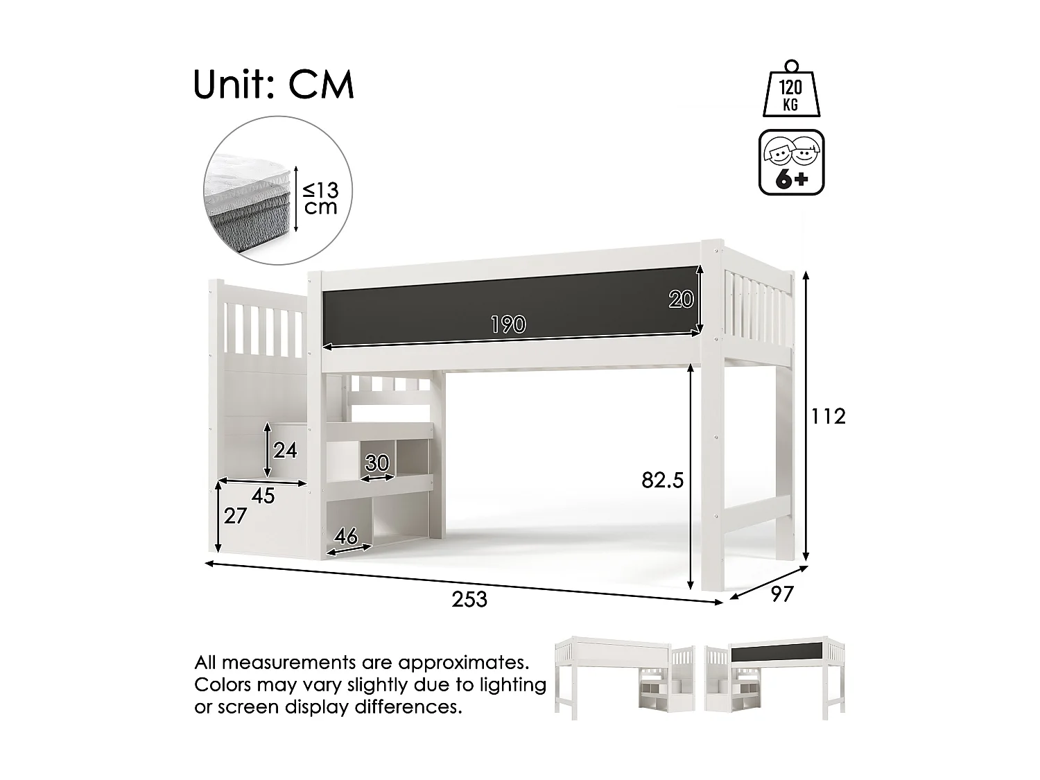 Letto a soppalco 90x200 cm con scaletta contenitore e tavoletta per scarabocchi - Spondine - Bianco (senza materasso)