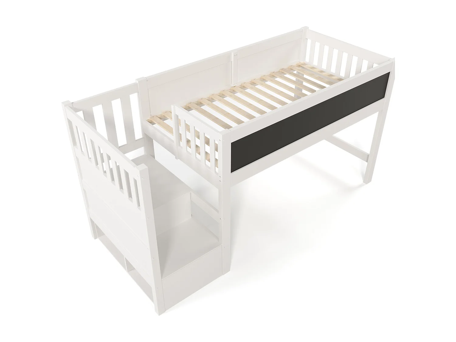 Letto a soppalco 90x200 cm con scaletta contenitore e tavoletta per scarabocchi - Spondine - Bianco (senza materasso)