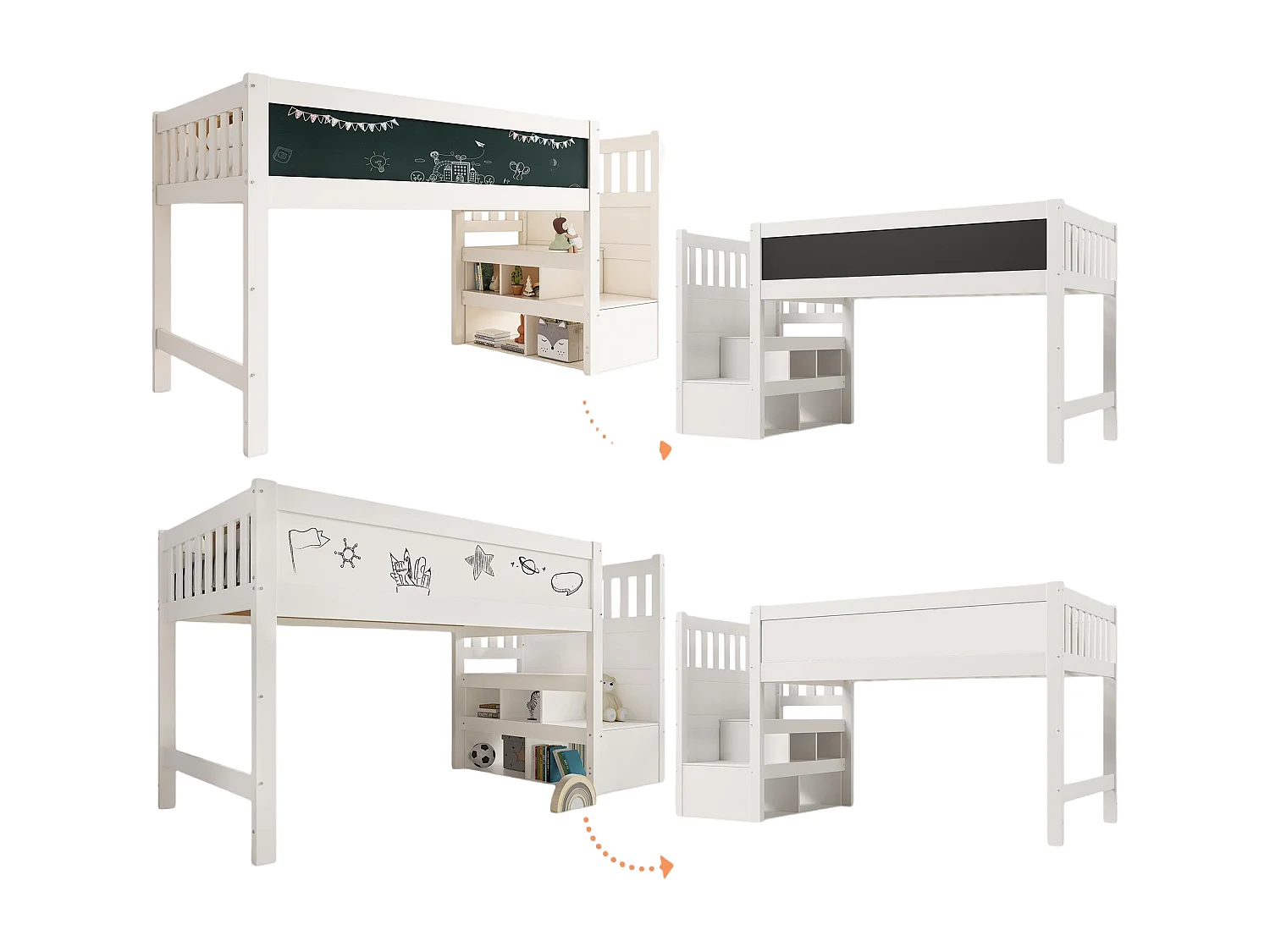 Mezzaninebed 90x200 cm Kinderbed met opbergtrap en tekentafel - Leuningen - Wit (zonder matras)