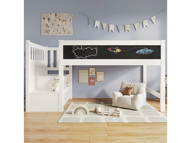 Letto a soppalco 90x200 cm con scaletta contenitore e tavoletta per scarabocchi - Spondine - Bianco (senza materasso)
